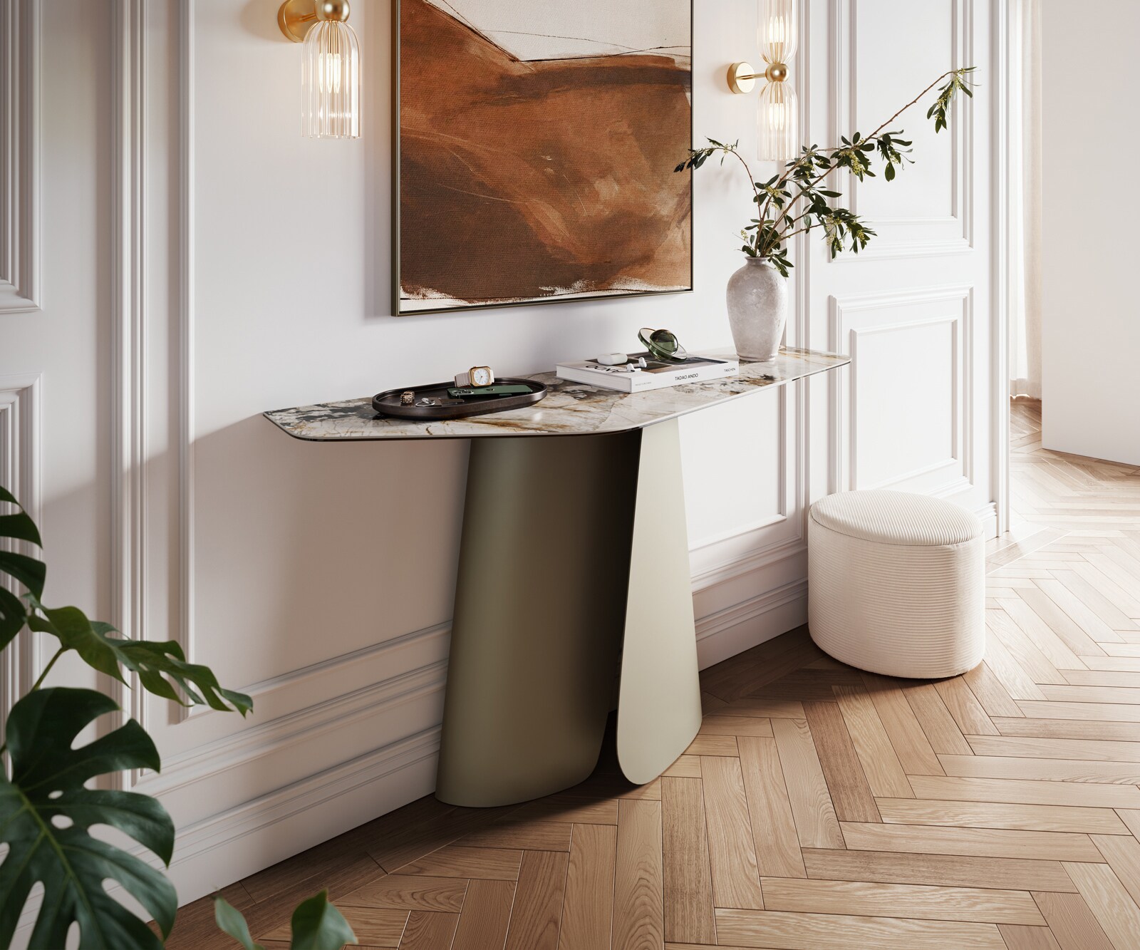Consoletafel Edge Polygonaal 140x50 cm Keramiek Patagonia Poliert Livos Metaal Effektfinish Titan 1