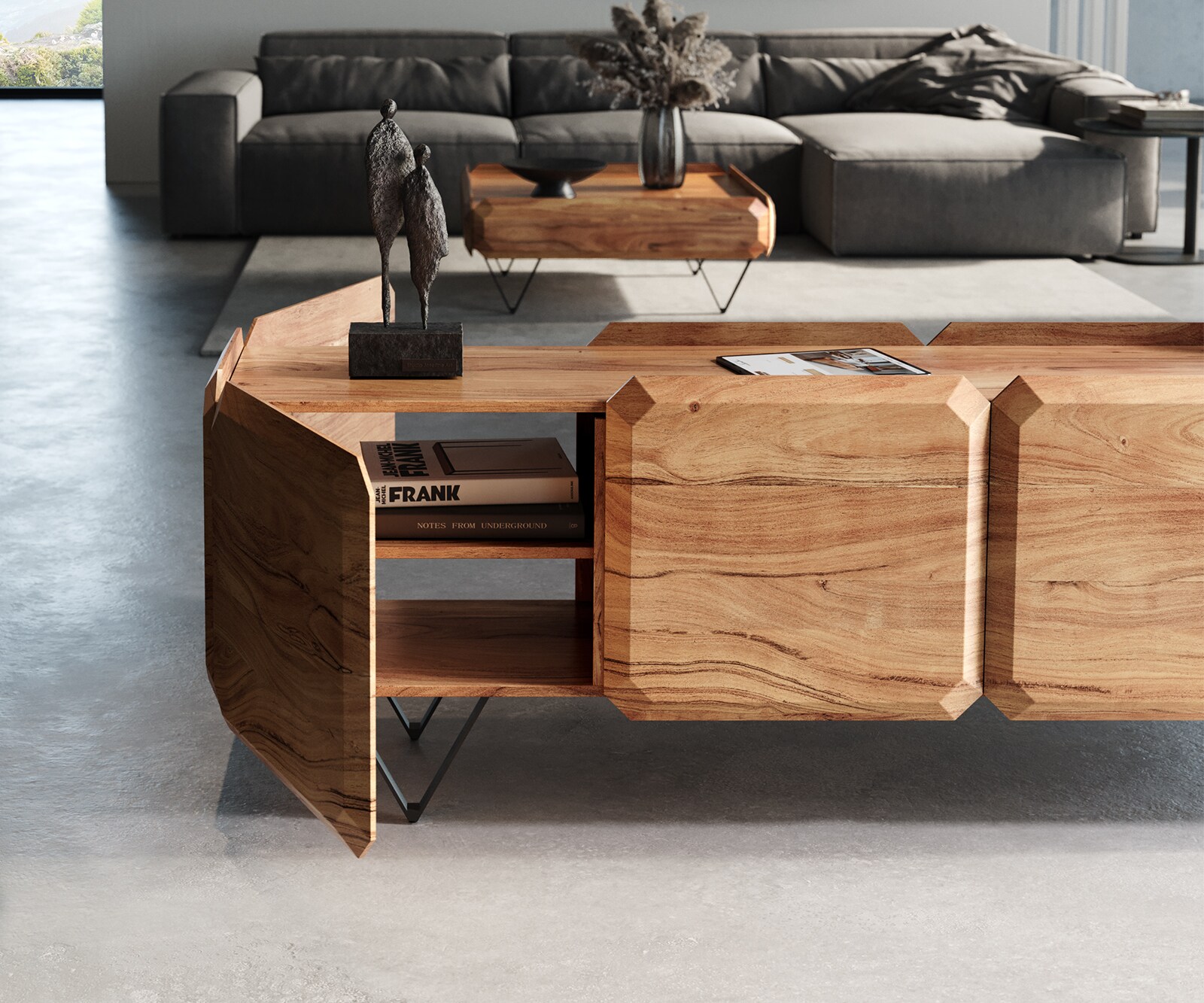 TV-meubel Kiano 200 cm, acacia natuur, 4 deuren, V-vormige pooten, zwart, ruimteverdeler 5