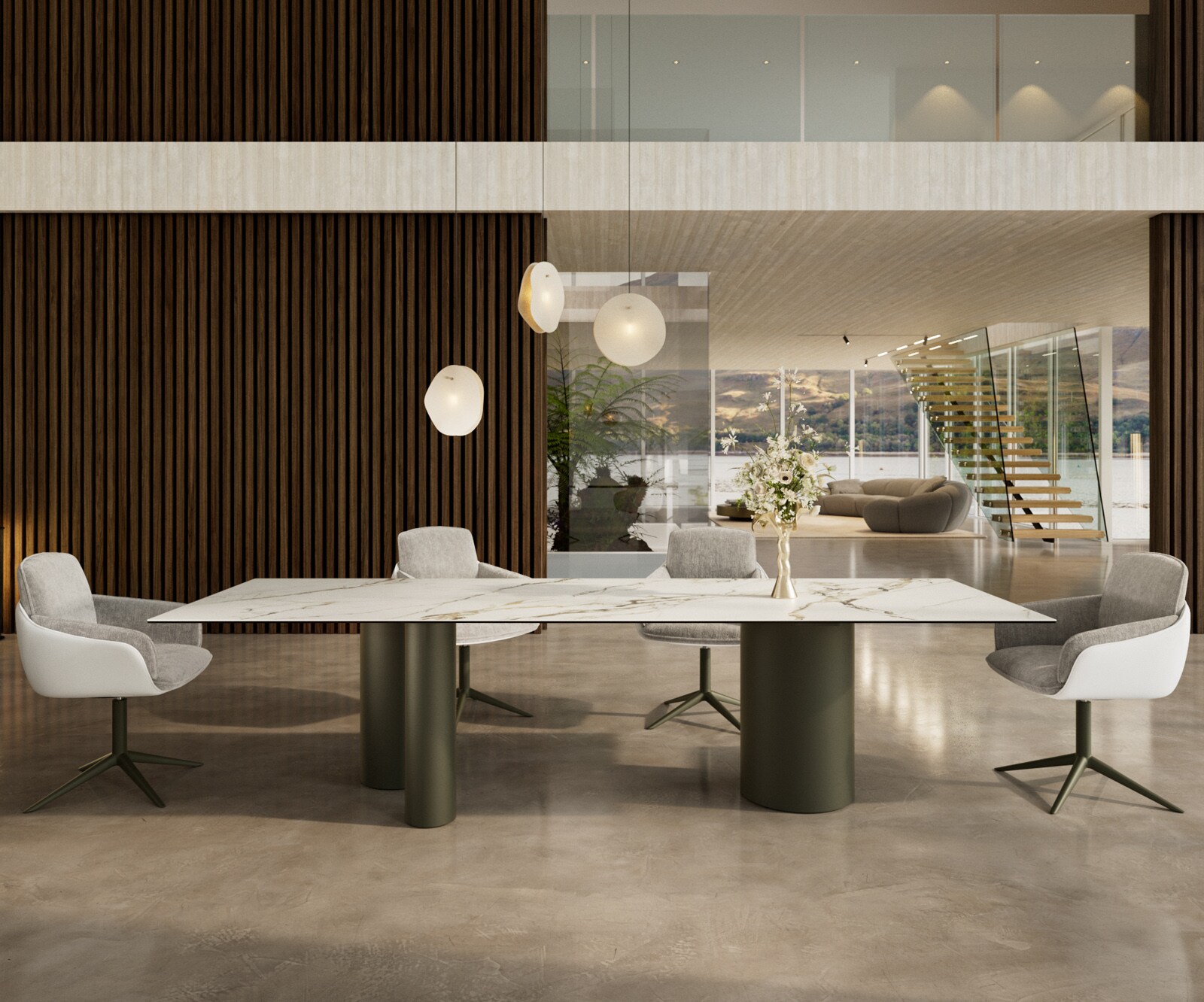 Eetkamertafel Edge 300x100 keramiek Calacatta Luxe wit-Gold-grijs Troa metaal effectafwerking titaan