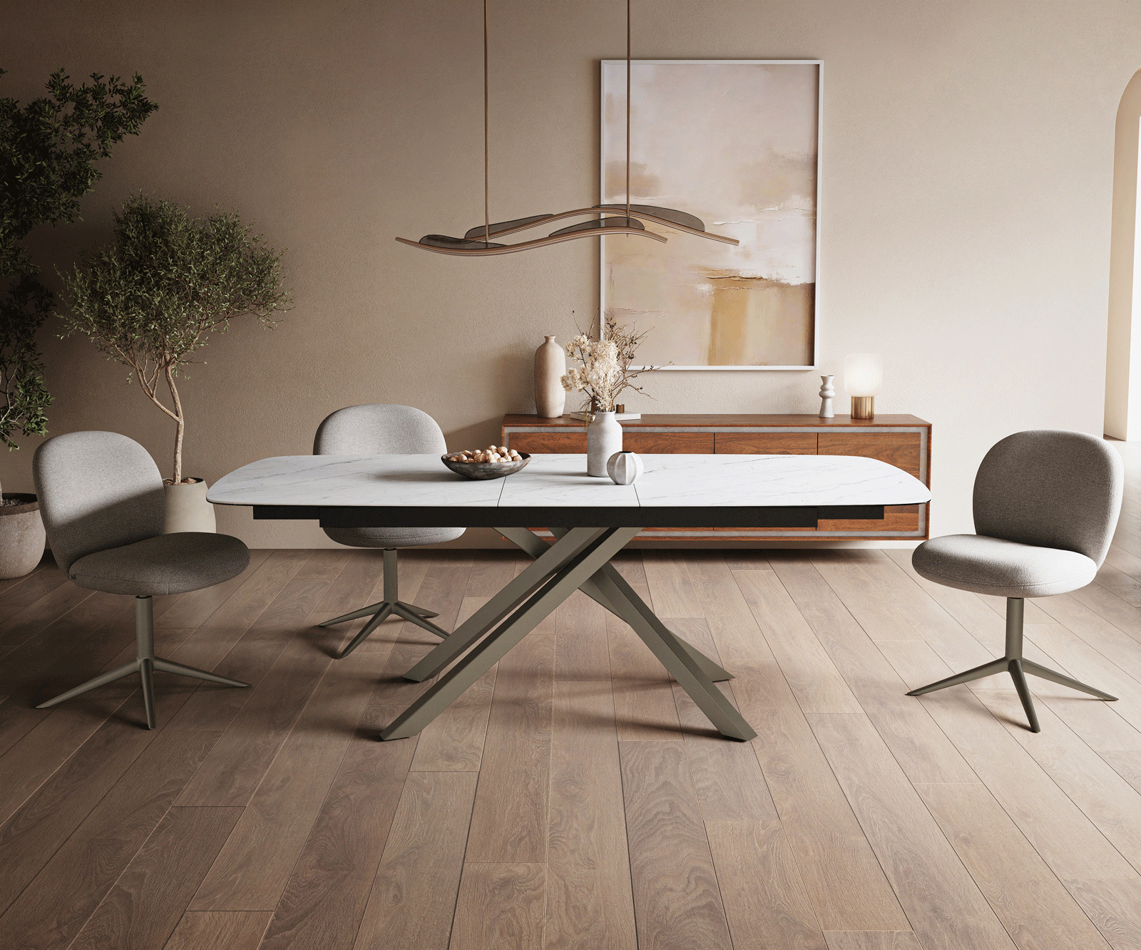 Eettafel Edge Boot 180-220x100 cm Keramiek Laminam® Statuarietto Wit kruisonderstel Rechthoek Effectafwerking Titan uitschuifbaar 2