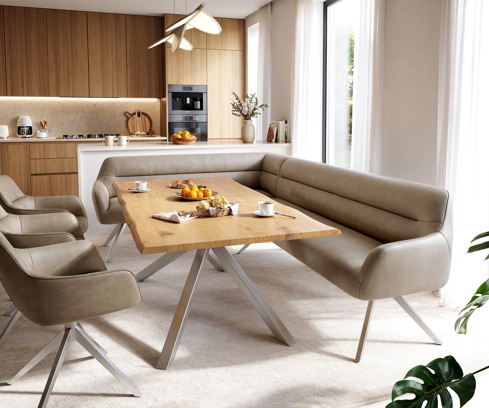 Eetkamerbank Taya-Flex 285x190 cm microvelours beige vintage hoekig kruisframe roestvrij staal pocketvering rechts 1