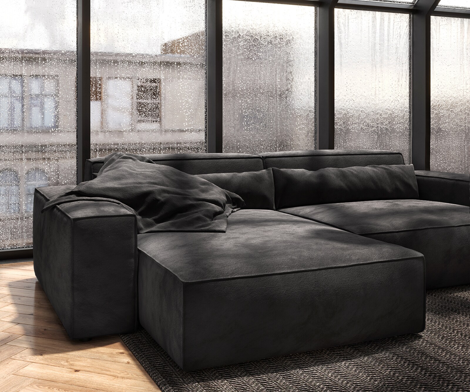 Hoekbank Sirpio XL 270x170 cm microvezel zwart recamiere variabele met kruk 6