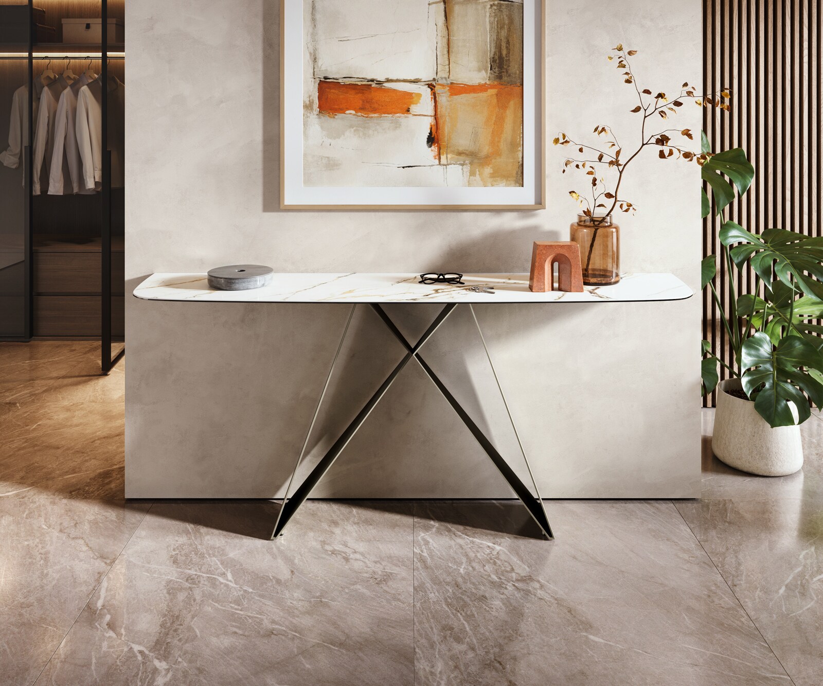 Consoletafel Edge Bootvorm 180x40 cm Keramiek Calacatta Luxe Weiß-Gold-Grijs Velio Metaal Effektfinish Titan 1