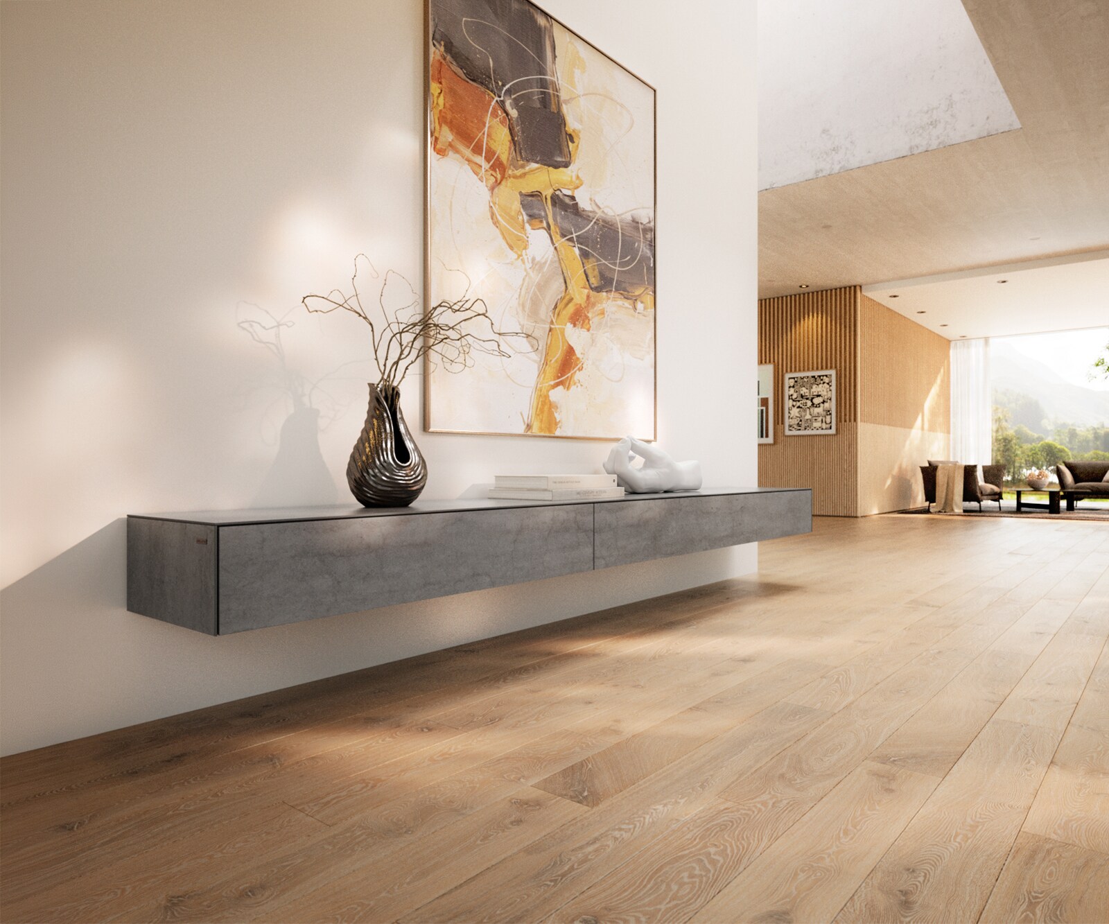 Tv-meubel Cuor 250 cm Keramiek Beton Grijs 1 Flap 1 Laden Zwevend