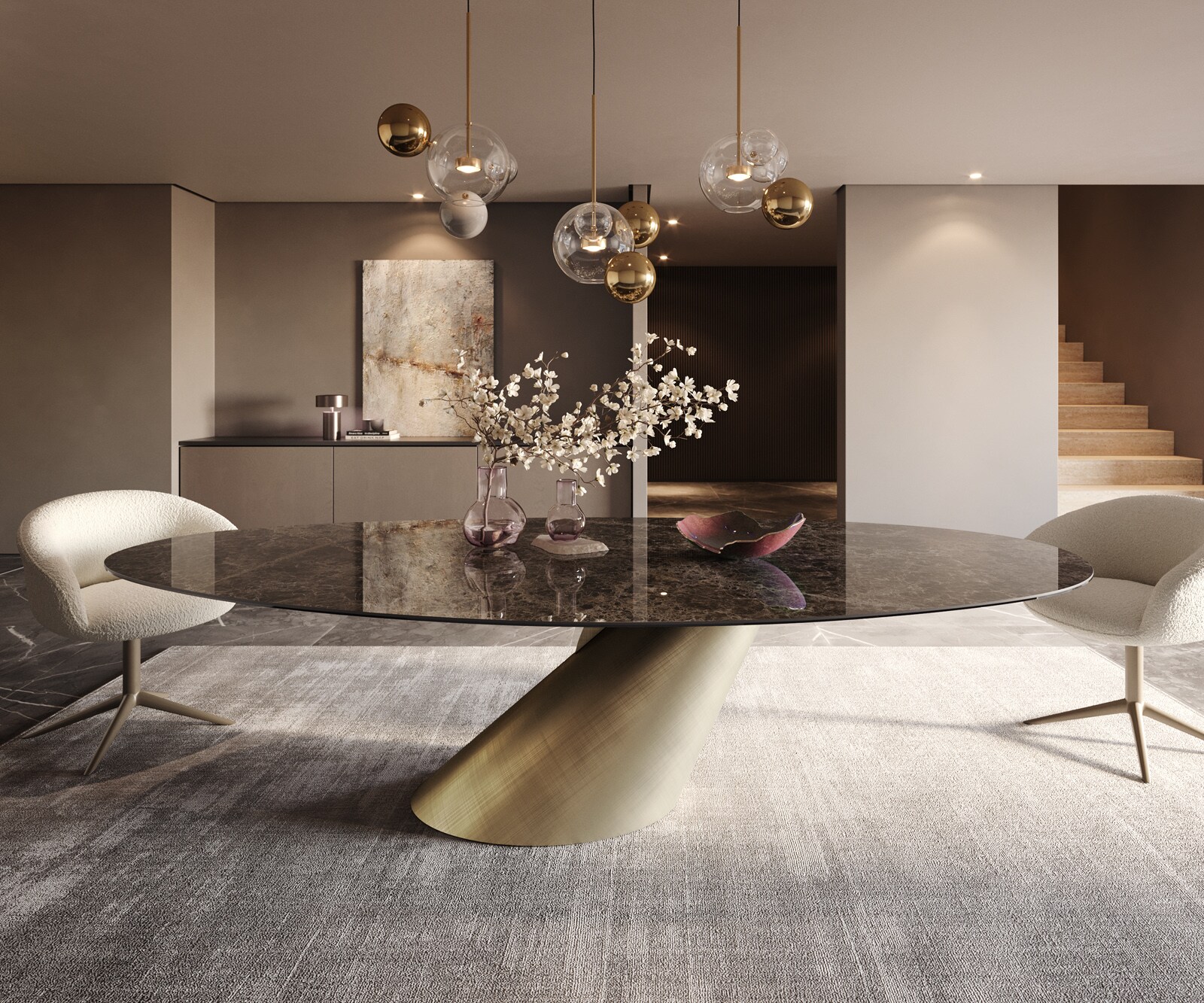 Eettafel Edge Oval 280x130 keramiek  Laminam® Emperador Extra Lucidato donkerbruin Cono metaal goud 1 Eettafel Edge Oval 280x130 keramiek  Laminam® Emperador Extra Lucidato donkerbruin Cono metaal goud 1