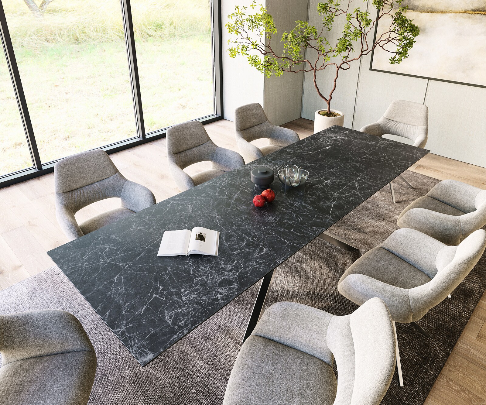 Eettafel Edge 300x100cm Laminam® keramiek grijs middenpoot kruis zilver 3 Eettafel Edge 300x100cm Laminam® keramiek grijs middenpoot kruis zilver 3