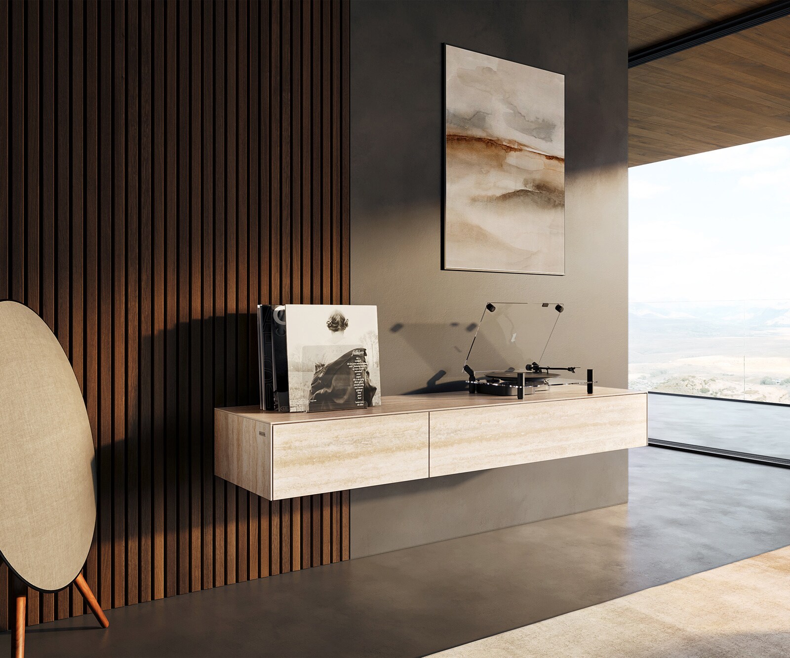 Tv-meubel Cuor 150 cm Keramiek Laminam® Travertino Bianco Crème-wit 1 Flap 1 Lade Zwevend