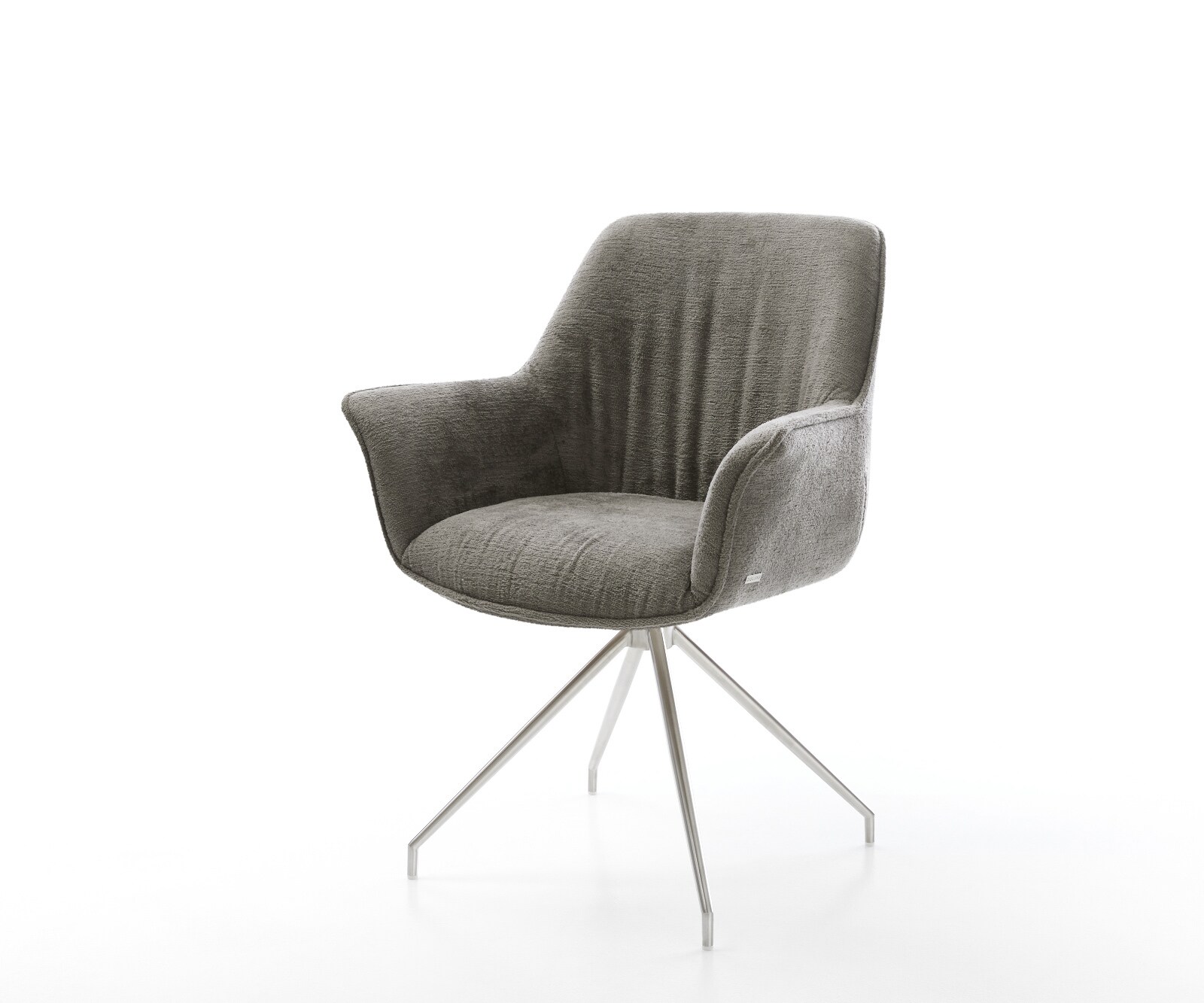 Eetkamerstoel Keila-Flex met armleuning bouclé zacht mud kruisframe conisch roestvrij staal 1