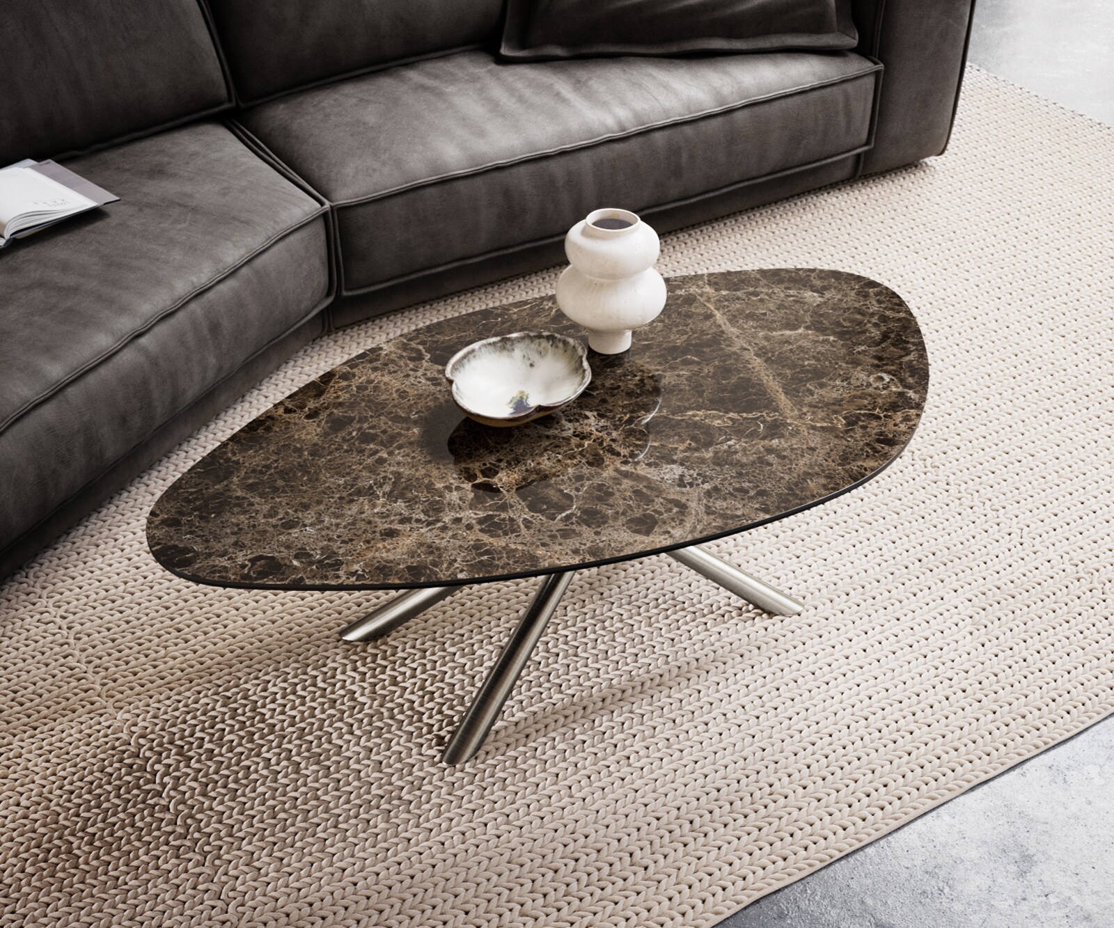 Salontafel Edge Organisch 140x76 cm keramiek Laminam® Emperador Extra Lucidato donkerbruin Sarity geborsteld roestvrij staal 4