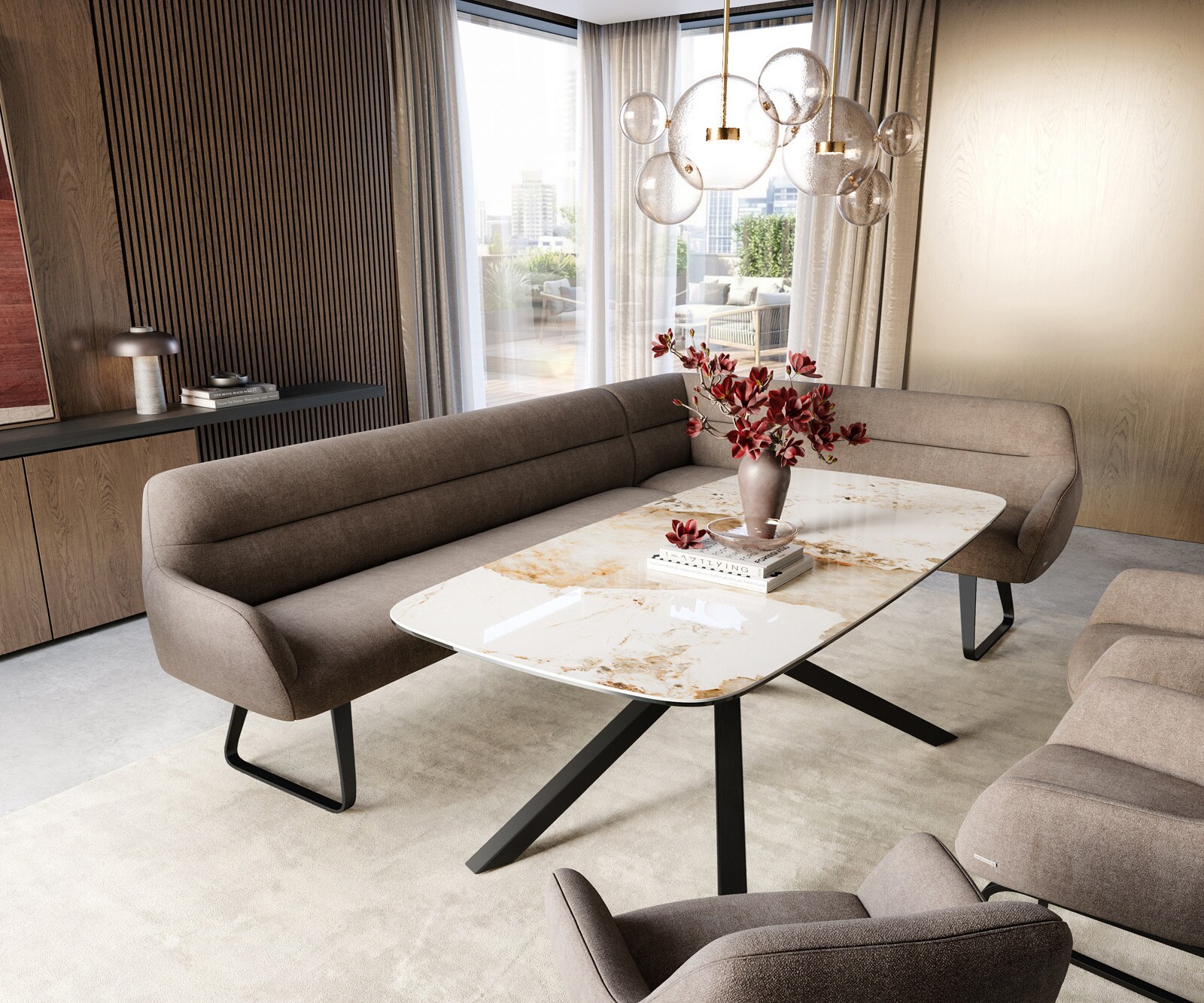 Eetkamerbank Taya-Flex 285x190 cm zachte stof met structuur taupe platte sledebasis zwart pocketvering links 1