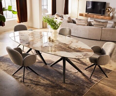 Eettafel Edge Oval 280x130 keramiek Minas Melange wit-beige Estelar rond metaal zwart