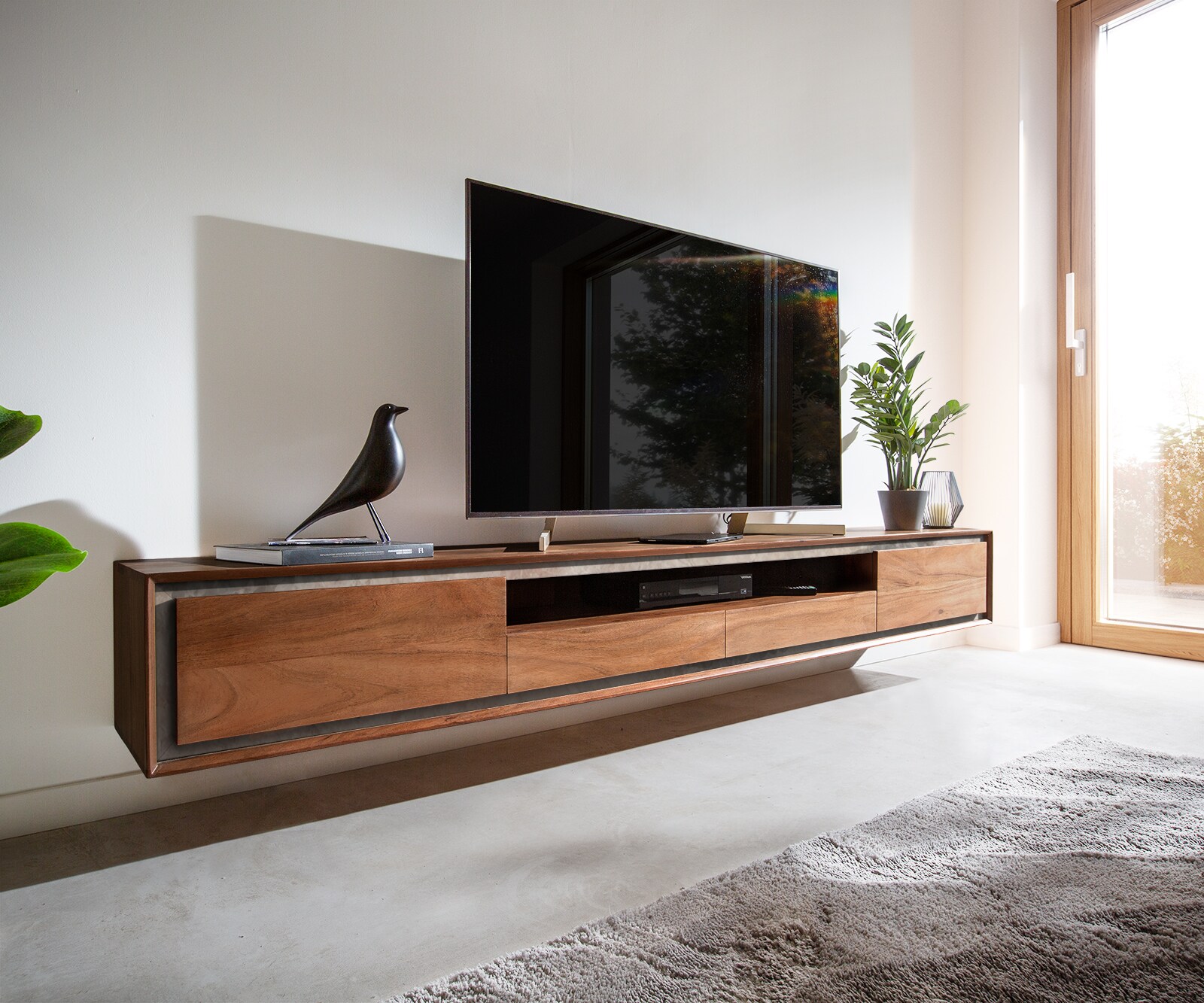Tv-meubel Stonegrace 240 cm acacia bruin 2 deuren 2 laden 1 legplank steenfineer zwevend