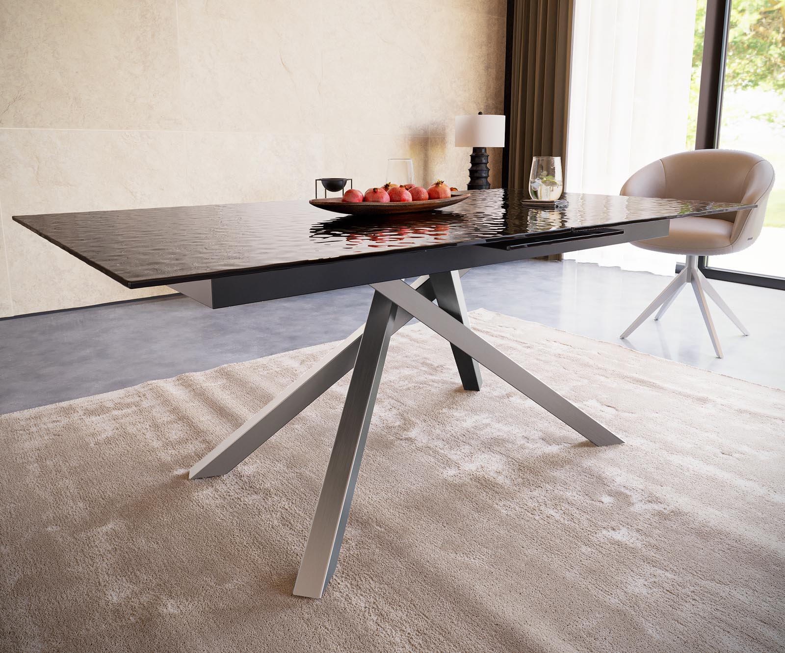 Eetkamertafel Edge 180-220x100 Glas smelten rokerig zwart 3D-Relief kruisframe rechthoek RVS uitschuifbaar 4 Eetkamertafel Edge 180-220x100 Glas smelten rokerig zwart 3D-Relief kruisframe rechthoek RVS uitschuifbaar 4