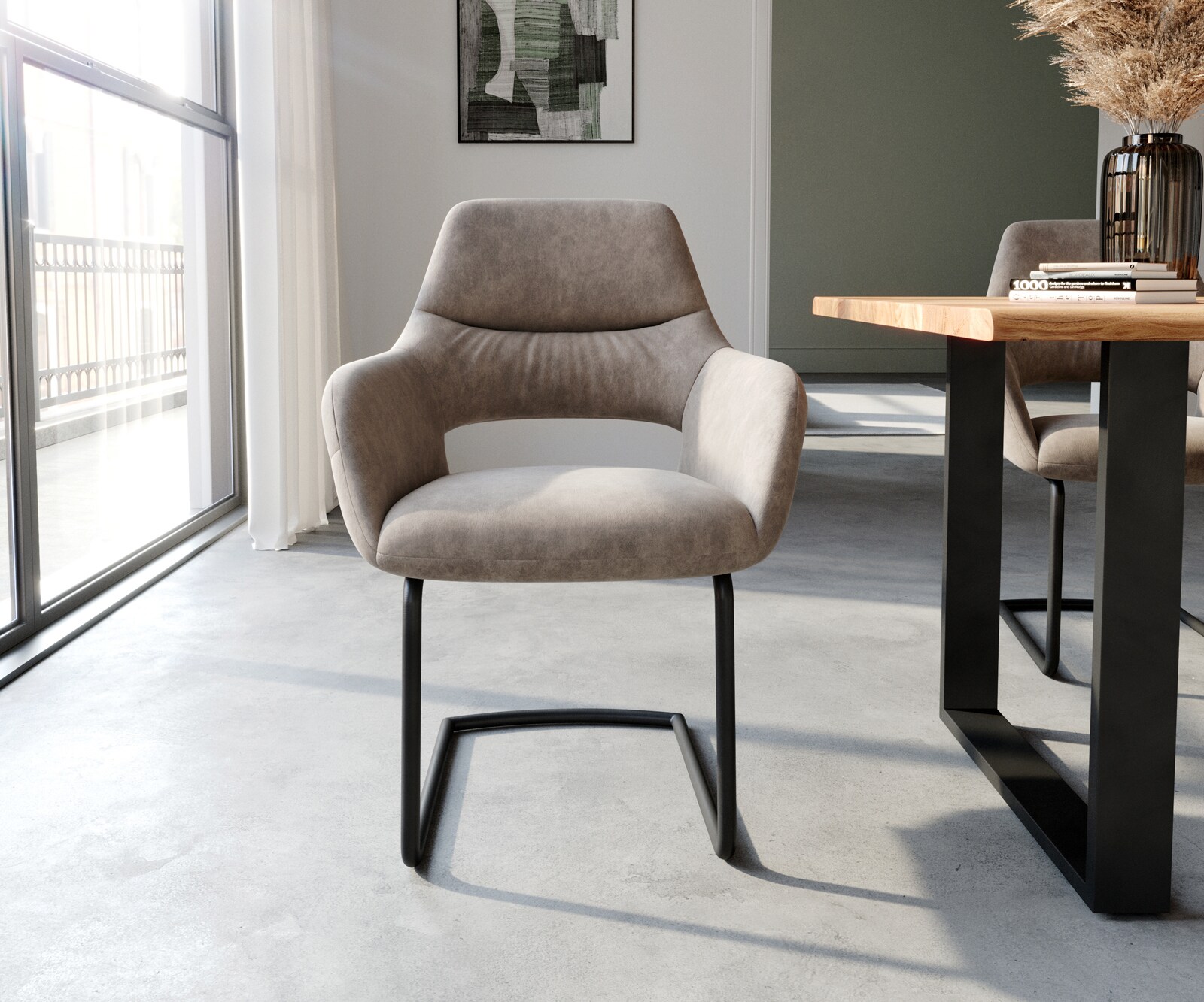 Sledemodel Yago-Flex met armleuning microvelours taupe vintage sledemodel rond zwart pocketveer kern 2