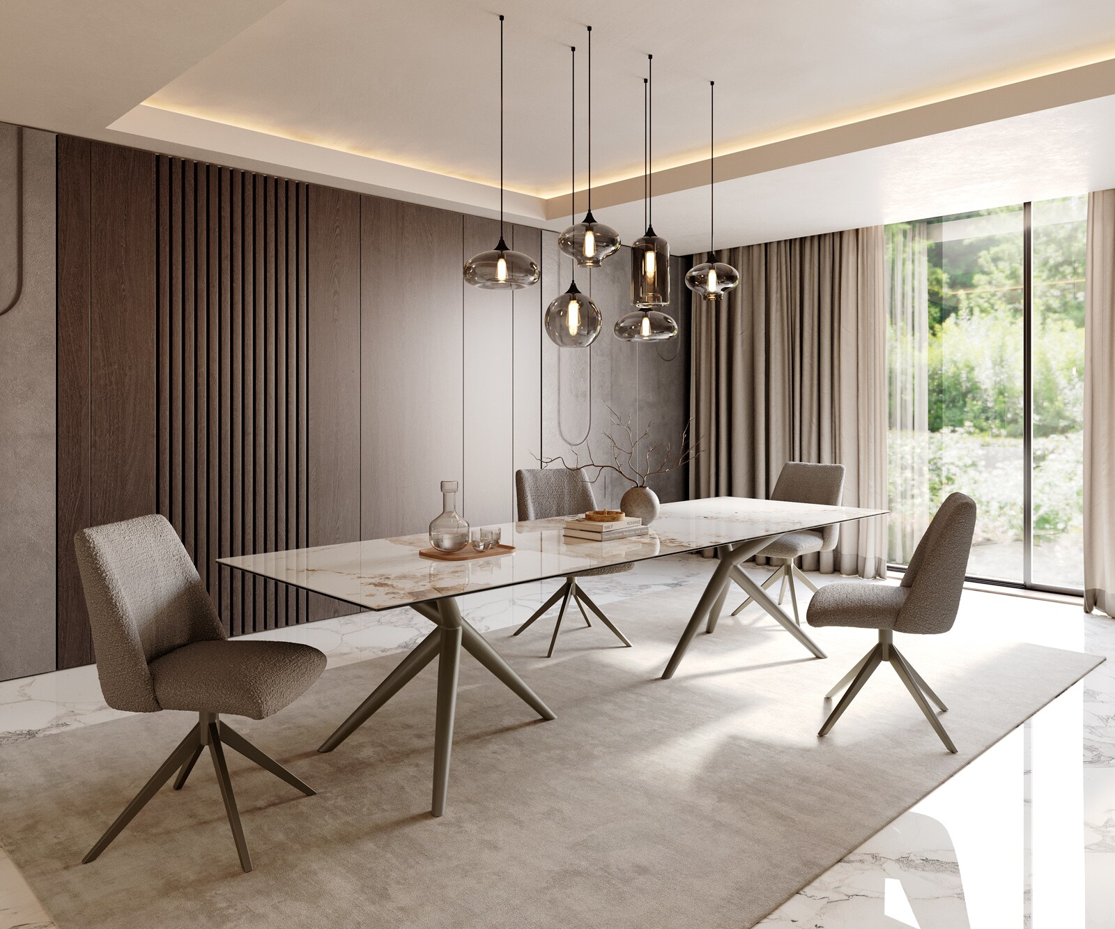 Eetkamertafel Edge 300x100 keramiek Minas Melange wit-Beige Estelar rond  metaal effectafwerking titaan 6