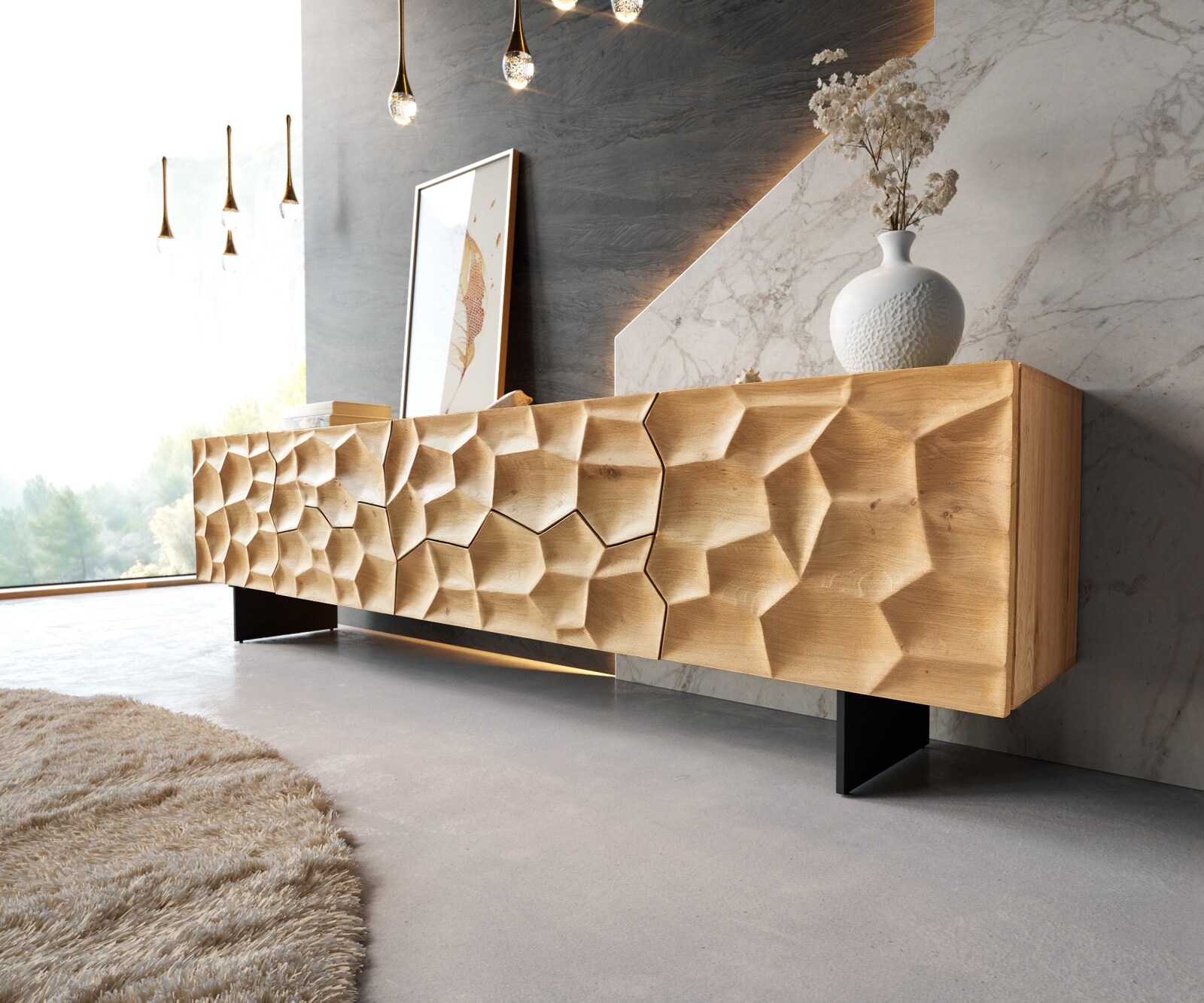 Tv-meubel Solu 220 cm natuurlijk eiken 2 deuren 4 laden onderstel zwevend metaal zwart 3D front