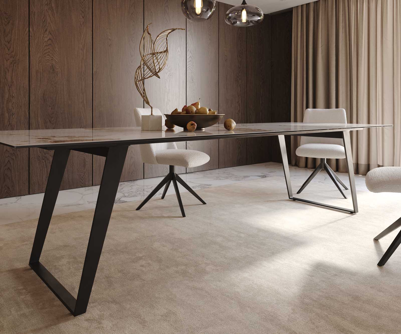Eetkamertafel Edge 300x100 keramiek Minas Melange wit-beige metaal schuin zwart 7