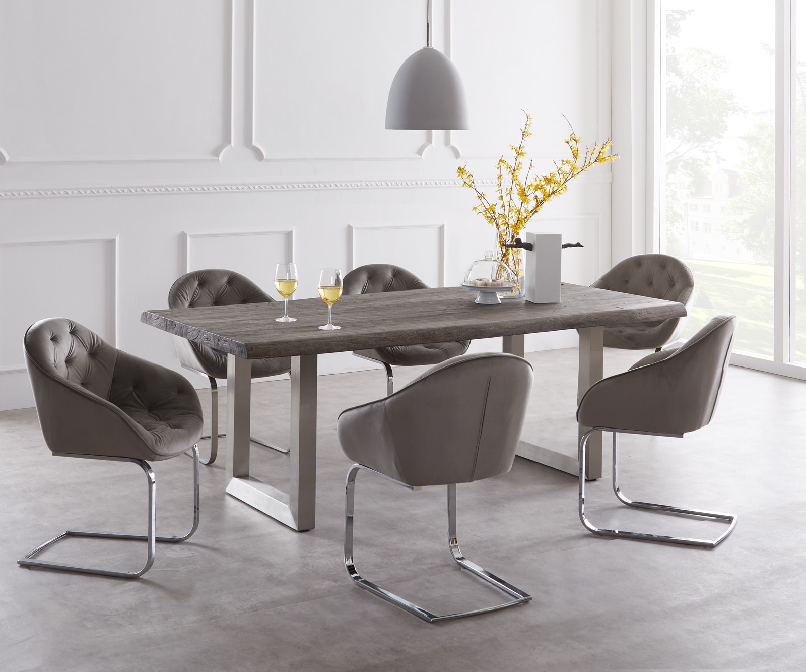 Eettafel Edge 220x100cm XL acacia platina roestvrijstaal breed Live-Edge 1