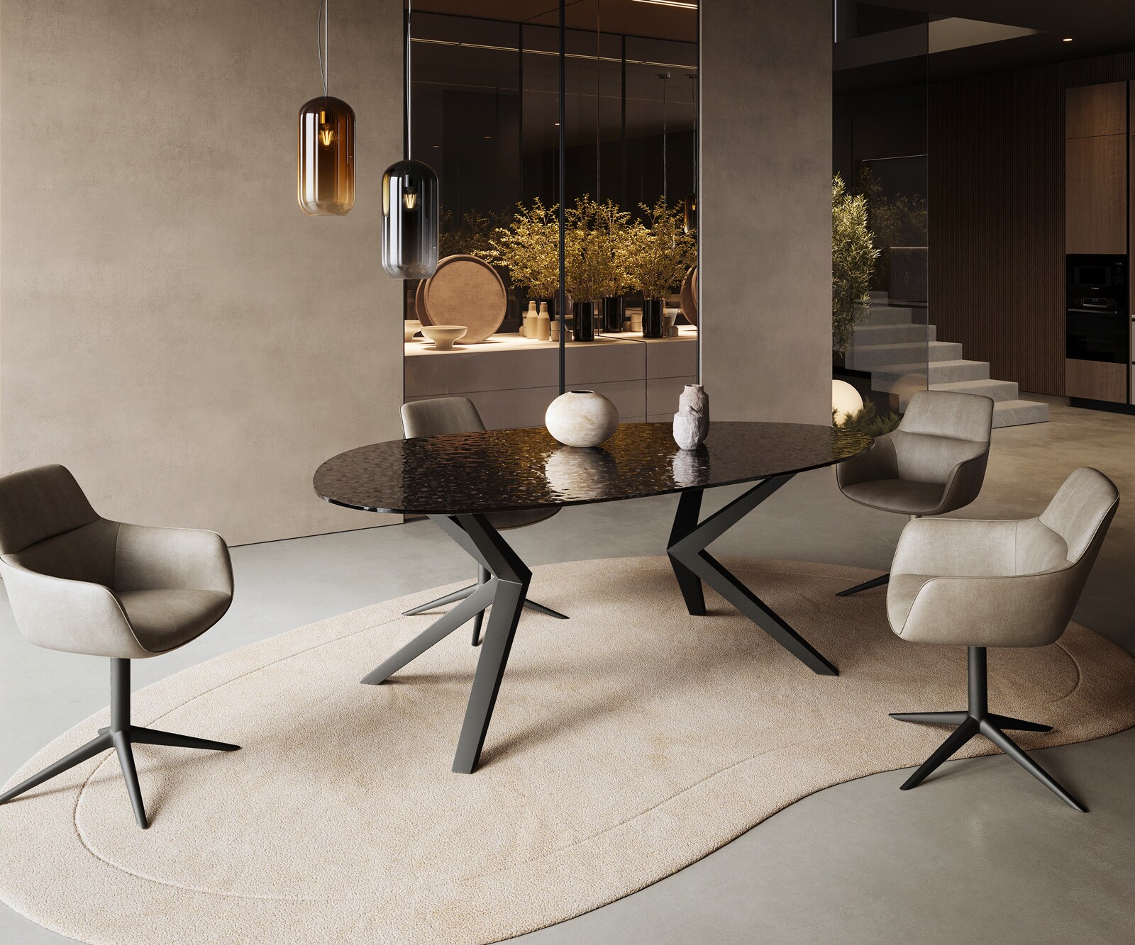 Eetkamertafel Edge ovaal 220x120 reliëfglas Rauchzwart 3D-Design Zenthara hoekig metaal zwart 4