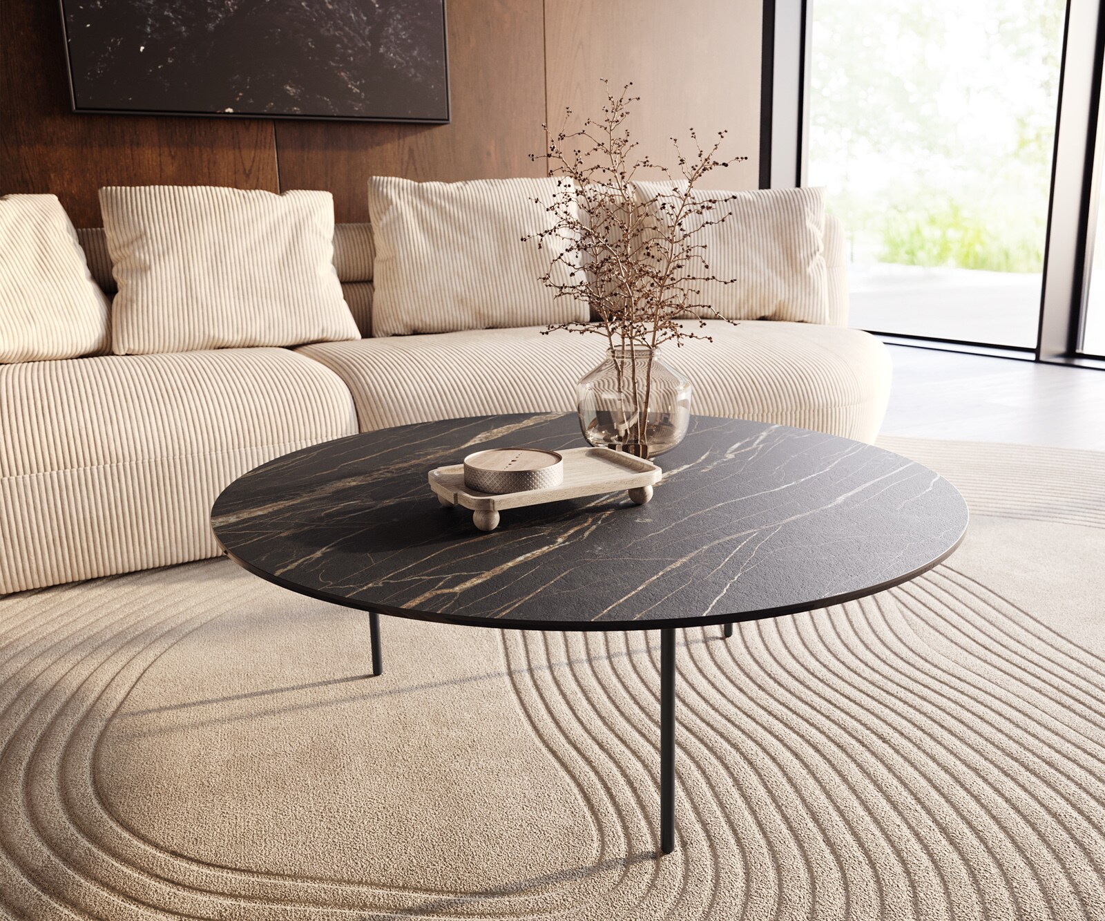 Salontafel Edge rond 100x100 cm keramiek Laminam® Noir Desir bruin Trive zwart metaal 1