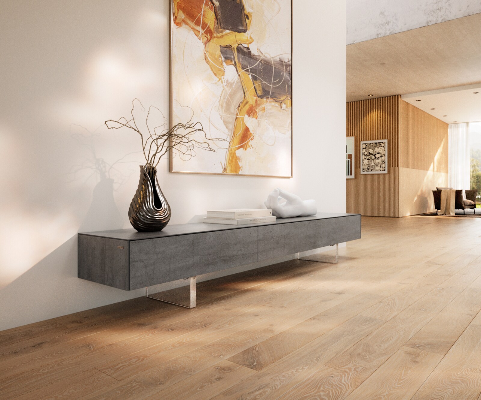 Tv-meubel Cuor 200 cm Keramiek Beton Grijs 1 Flap 1 Laden Zwevende voet look Acrylglas