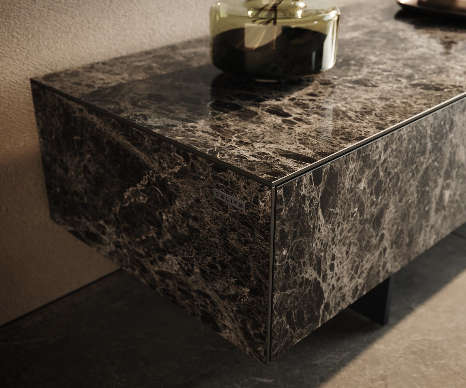 Tv-meubel Cuor 150 cm Keramiek Emperador Extra Lucidato Donkerbruin 1 Flap 1 Lade Zwevende voet look Metaal Zwart 5