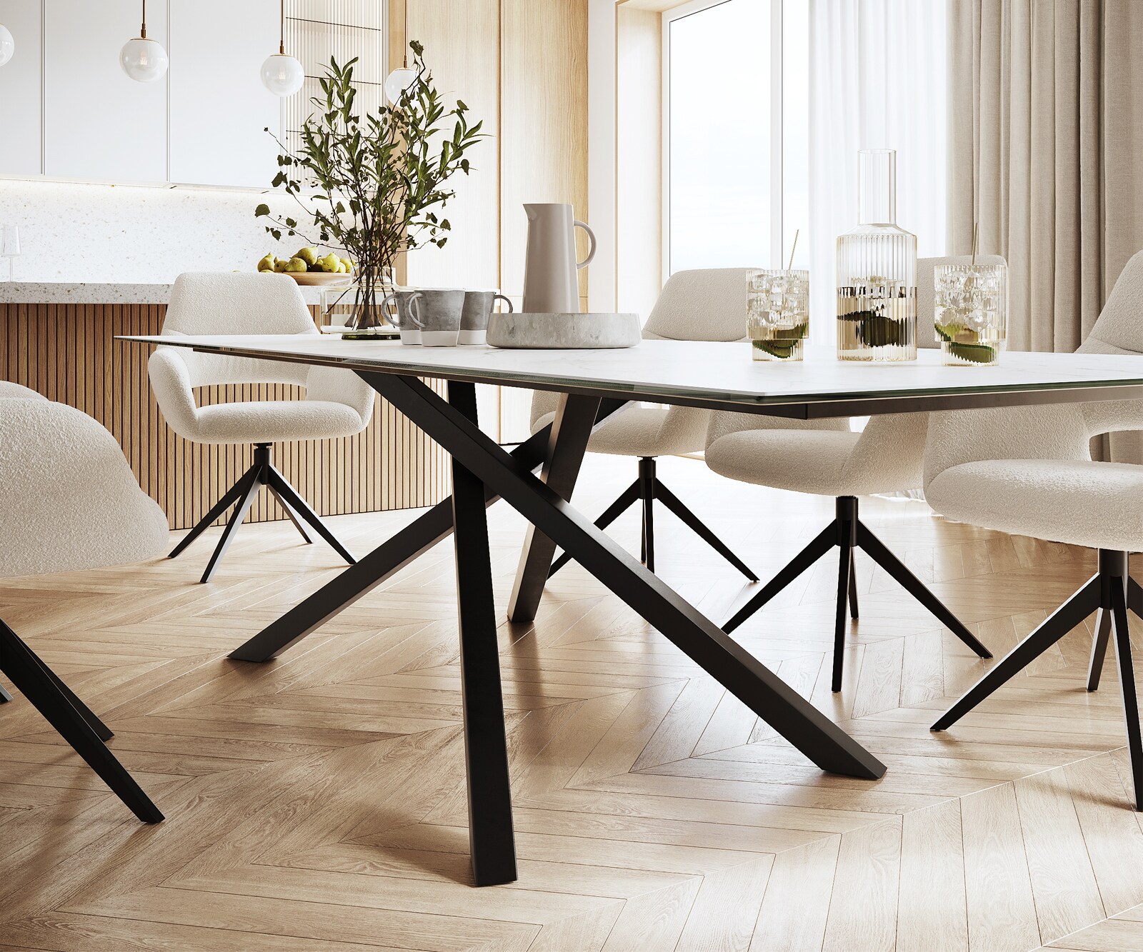 Eettafel Edge 300x100cm Laminam® keramiek wit middenpoot kruis zwart 5