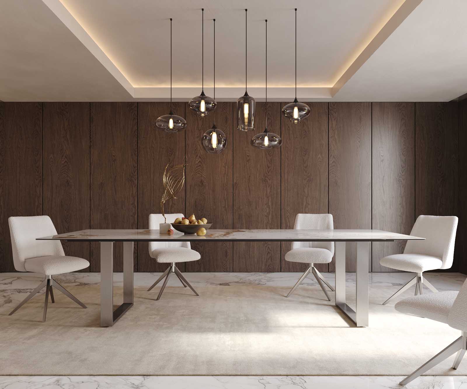 Eetkamertafel Edge 300x100 keramiek Minas Melange wit-beige RVS Schmal 1