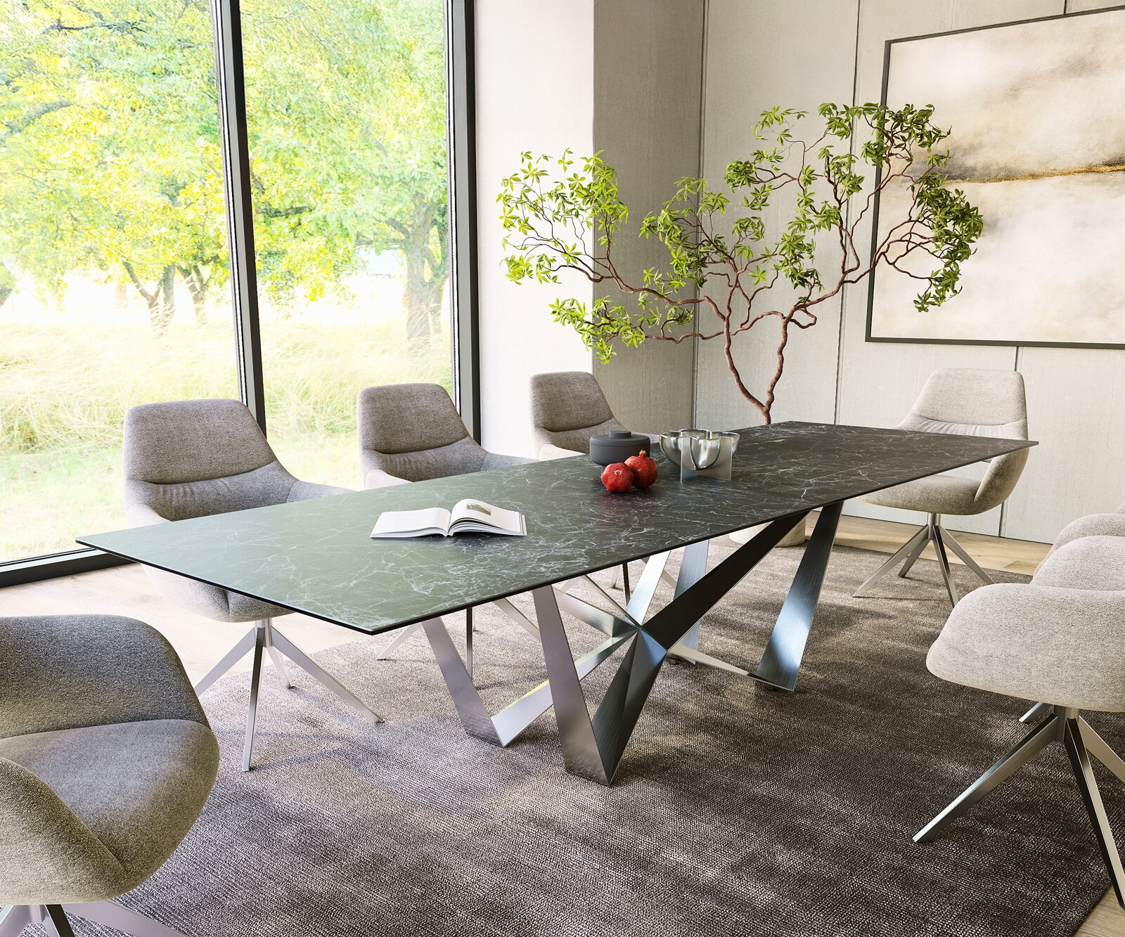 Eettafel Edge 300x100cm Laminam® keramiek grijs middenpoot vlak staal zilver