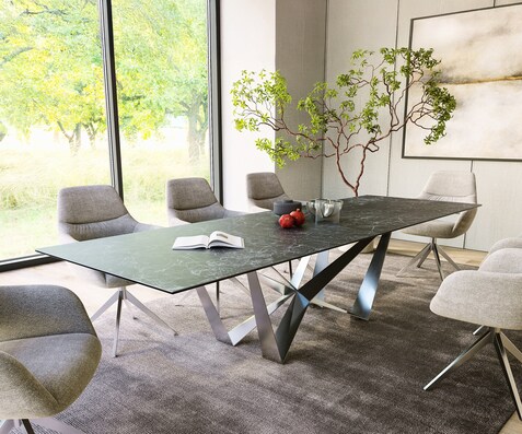 Eettafel Edge 300x100cm Laminam® keramiek grijs middenpoot vlak staal zilver