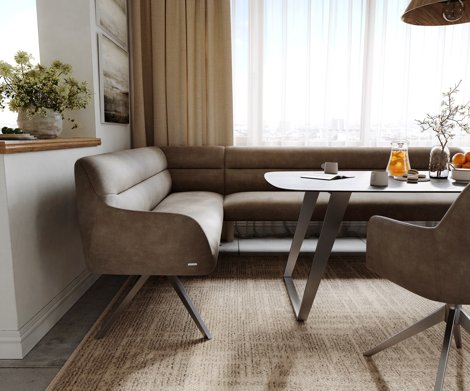 Eetkamerbank Taya-Flex 285x190 cm microvelours taupe vintage hoekig kruisframe grafiet pocketvering rechts 5