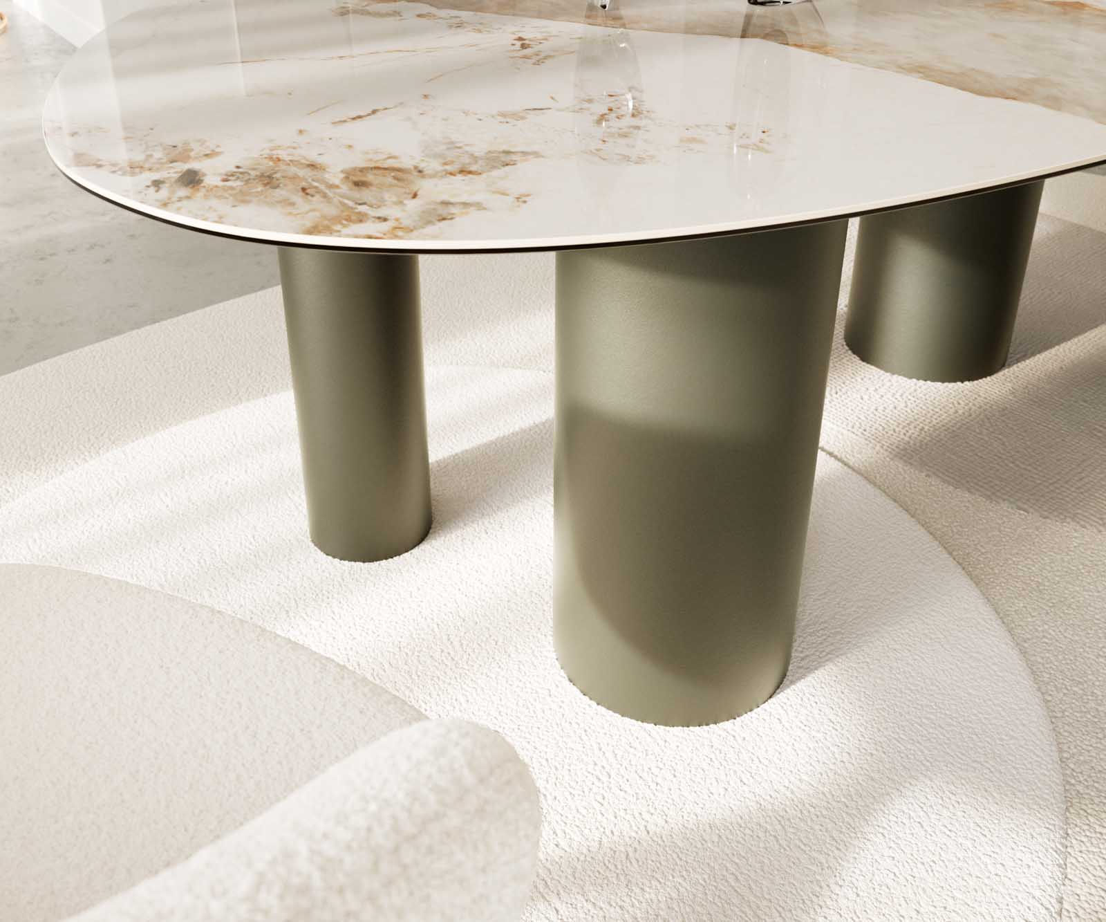 Eettafel Edge ovaal 220x120 keramiek Minas Melange wit-beige pilier metaal effect afwerking titanium 5