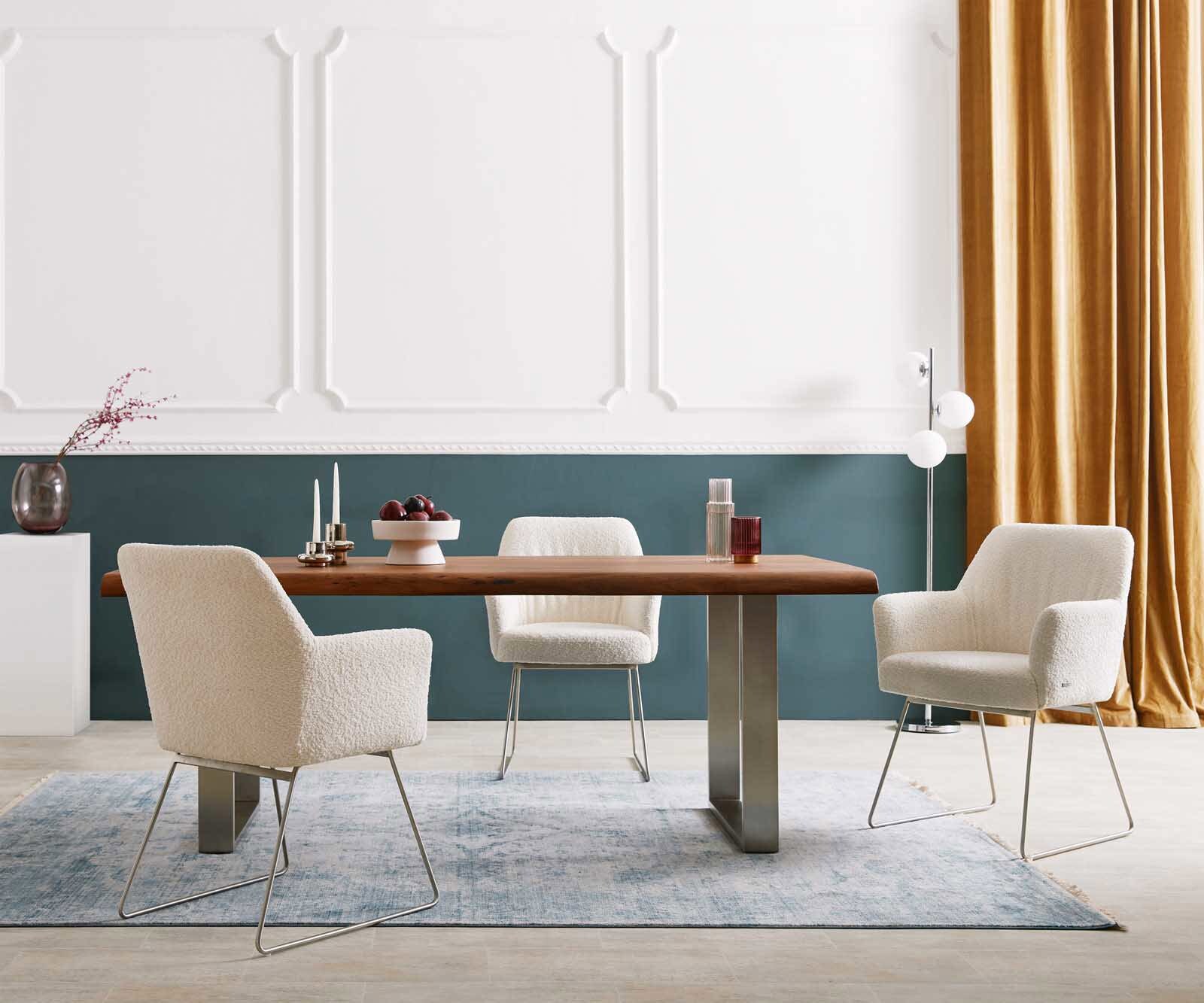 Eetkamerstoel Xana-Flex met armleuning bouclé wit slipframe roestvrij staal pocketveer kern 5 Eetkamerstoel Xana-Flex met armleuning bouclé wit slipframe roestvrij staal pocketveer kern 5