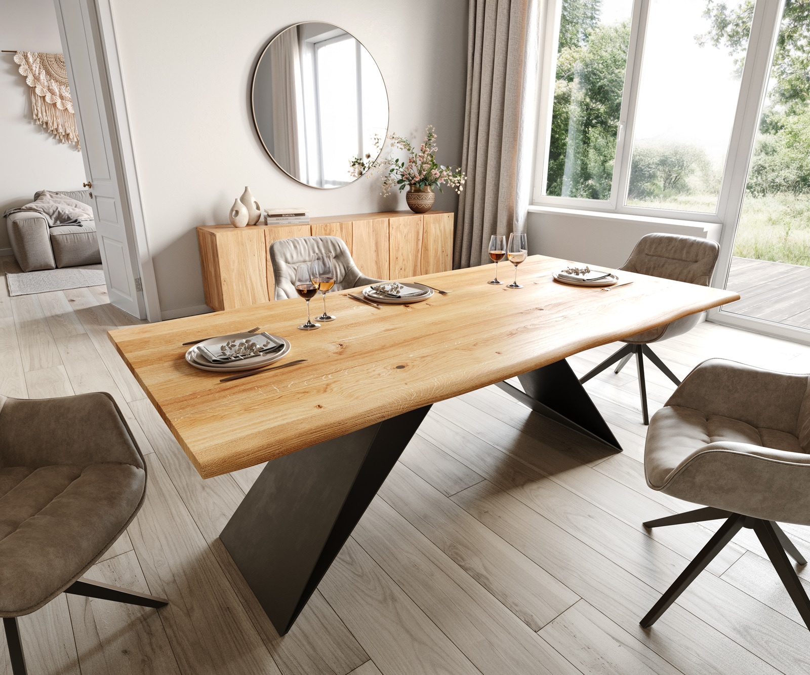 Eettafel Edge 200x100x2,5-3 eiken natuur V-frame staal  zwart  Live-Edge Eettafel Edge 200x100x2,5-3 eiken natuur V-frame staal  zwart  Live-Edge