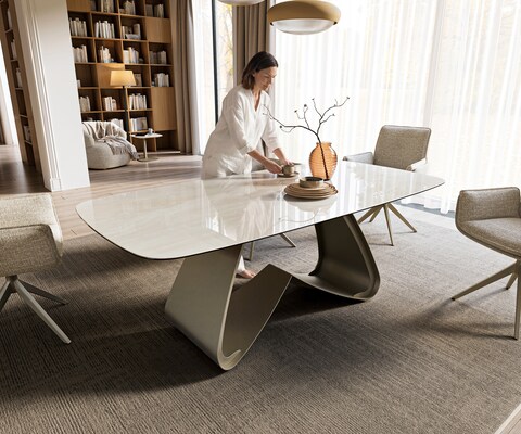 Eettafel Edge boot 200x100 cm keramiek Onyx Champagne W-onderstel metaal effectfinish titan