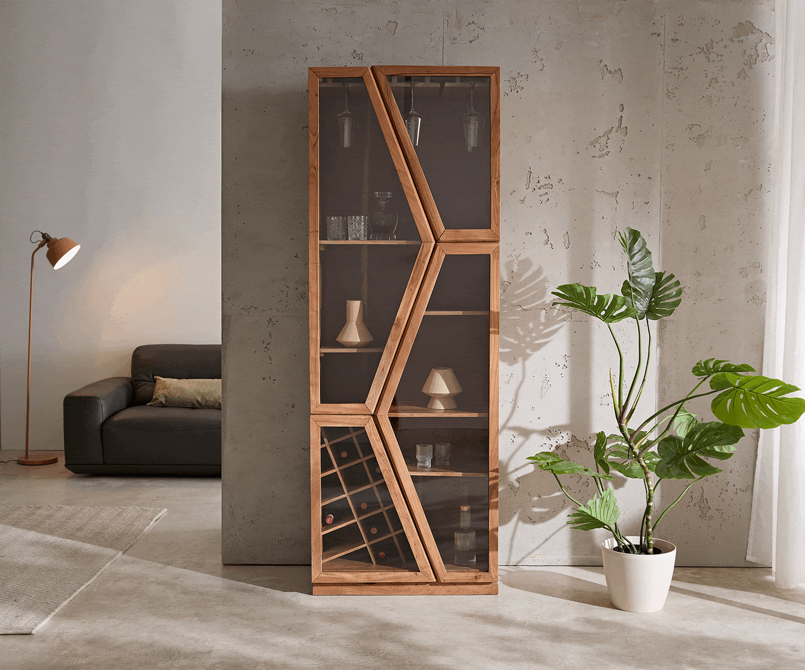 Vitrinekast Taza 75x210 cm natuur acacia 4 deuren barkast 3 Vitrinekast Taza 75x210 cm natuur acacia 4 deuren barkast 3