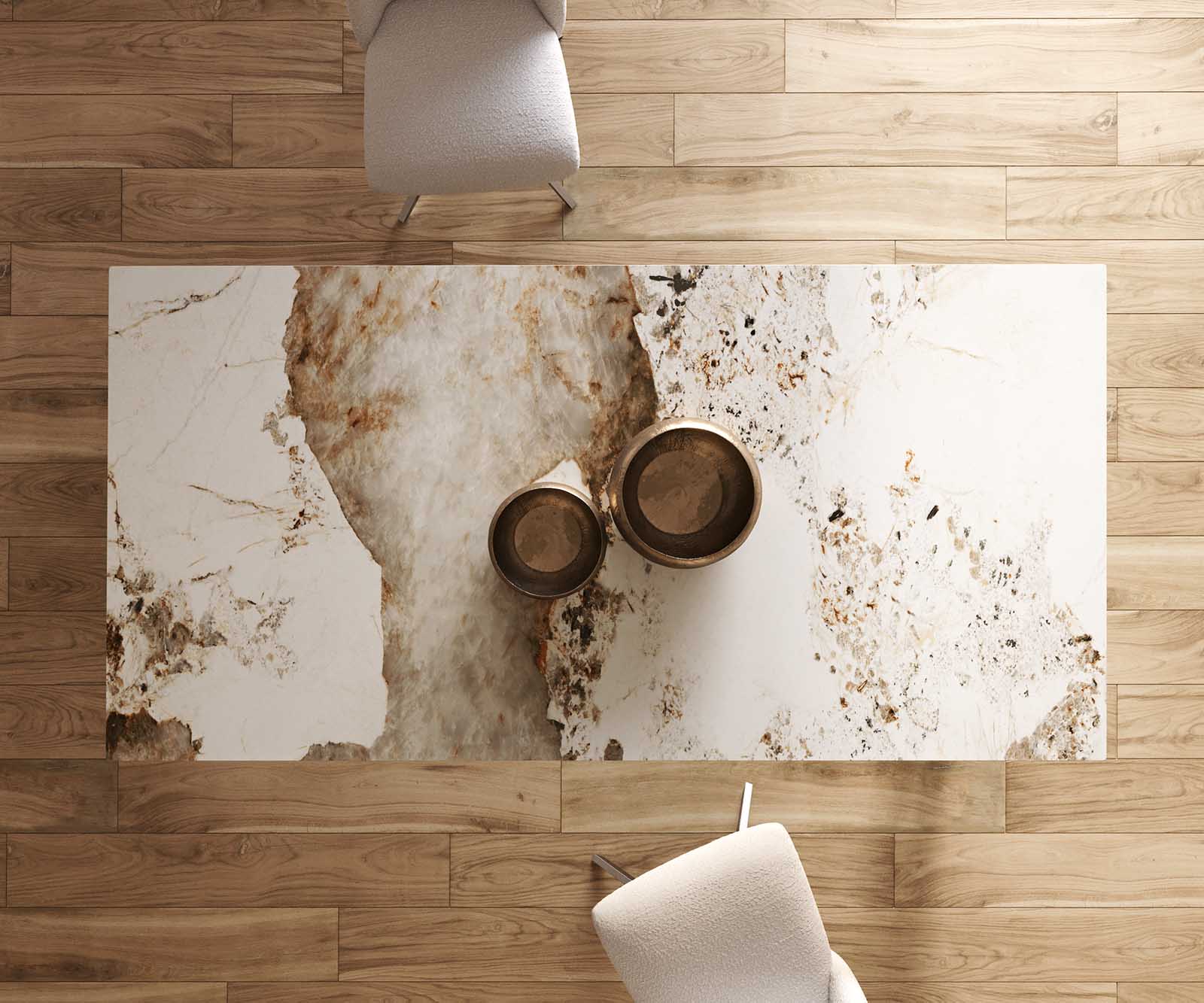 Eetkamertafel Edge 200x100 keramiek Minas Melange wit-beige RVS schuin 6
