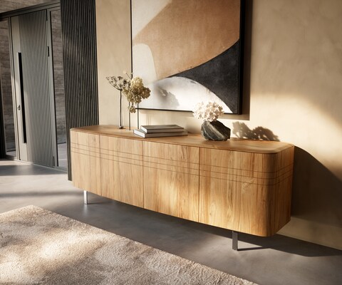 Dressoir Nagaru 200 cm acaciahout Aura 4 deuren L-poot roestvrij staal geborsteld