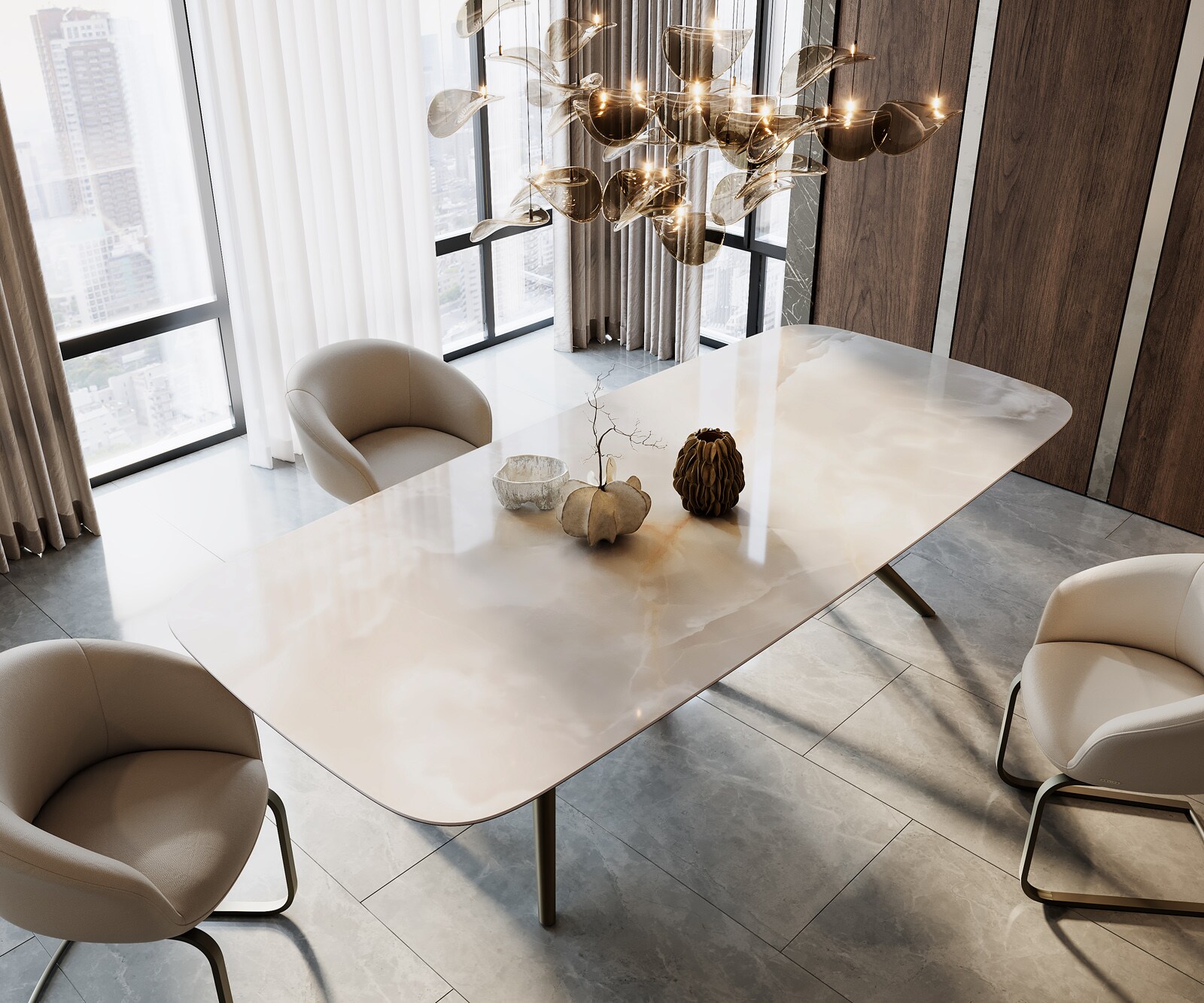 Eetkamertafel Edge Boot 270x120 keramiek Iris FMG Onice Grigio Estelar rond  metaal effectafwerking titaan 2