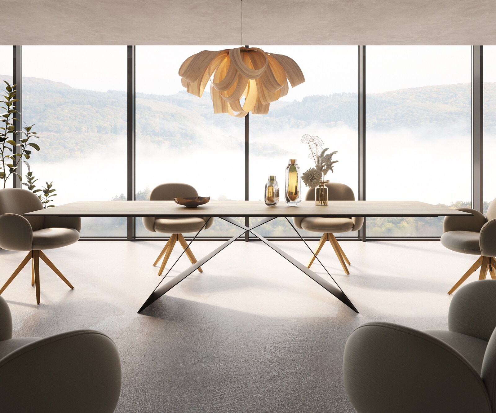Eetkamertafel Edge 300x100 keramiek Laminam® Sabbia eiken kleur V-frame vlak staal zwart 1