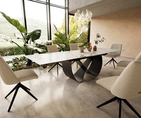 Eetkamertafel Edge 200-300x100 cm Keramiek Calacatta Luxe Wit-Goud-Grijs Infinity Metaal Zwart uitschuifbaar