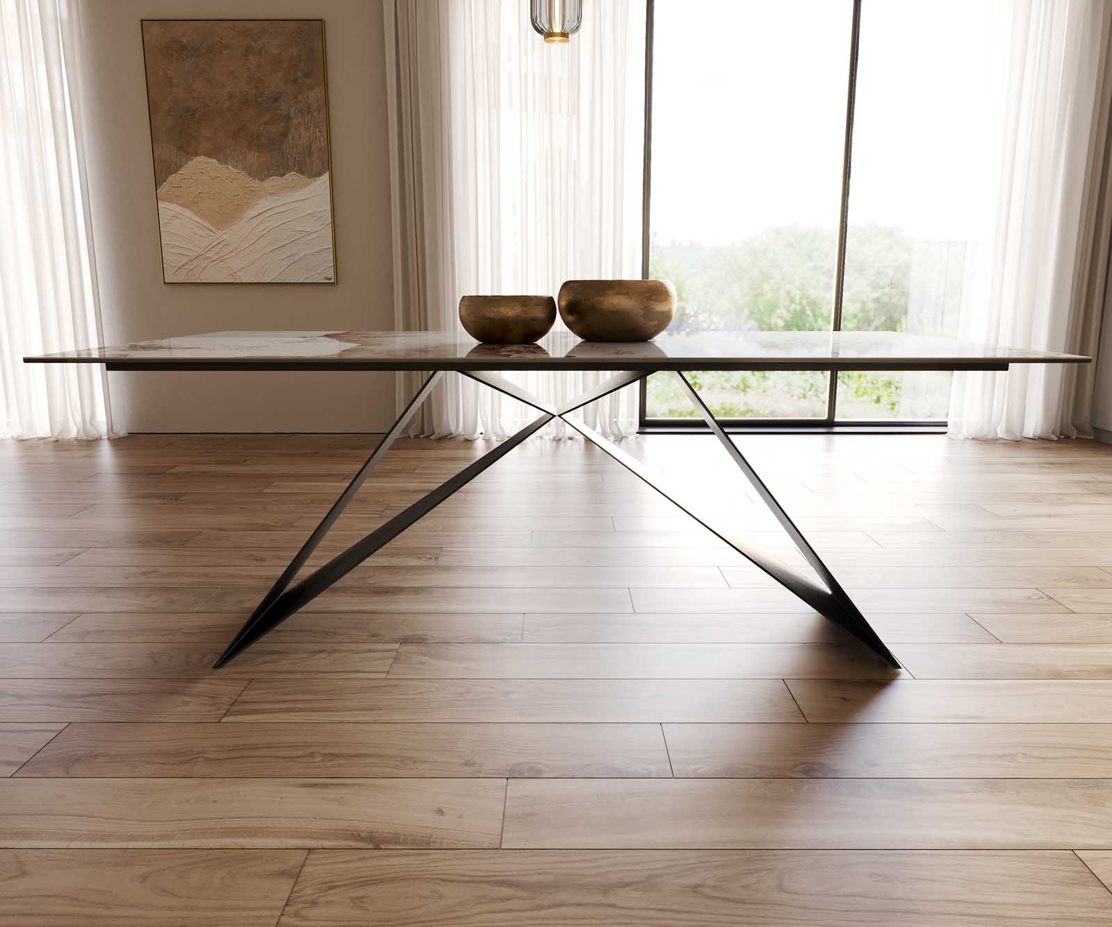 Eetkamertafel Edge 200x100 keramiek Minas Melange wit-beige V-frame vlak staal zwart 8