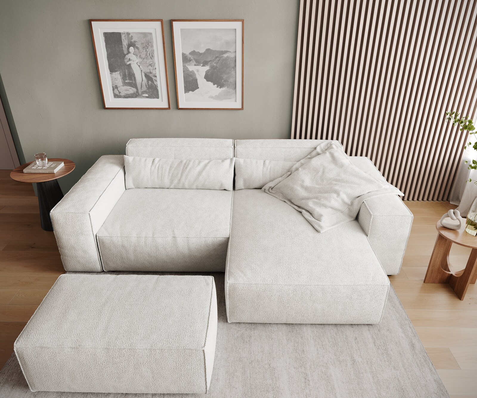 Hoekbank Sirpio 230x155 cm bouclee cream-white recamiere variabel met kruk 5