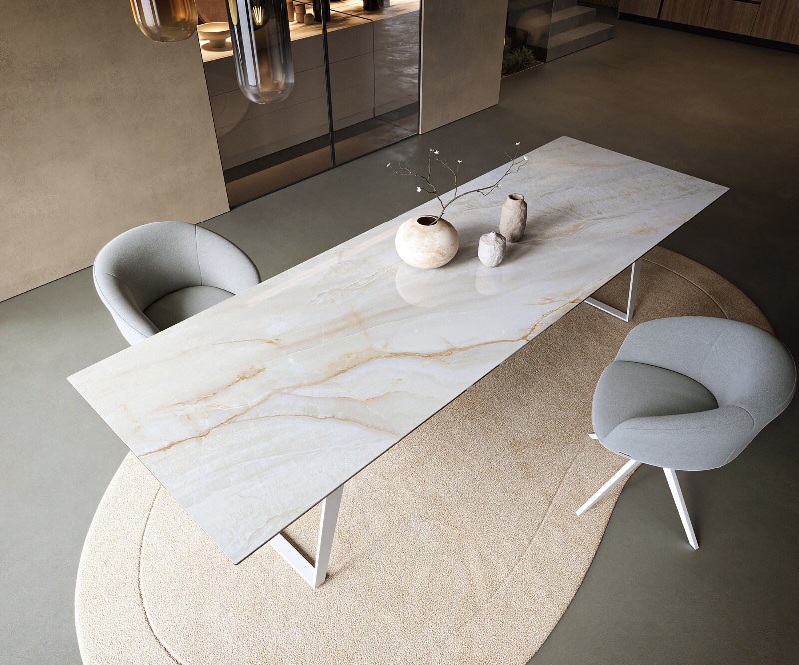 Eettafel Edge 300x100 cm keramiek Onyx Pearl schuin onderstel metaal wit 3