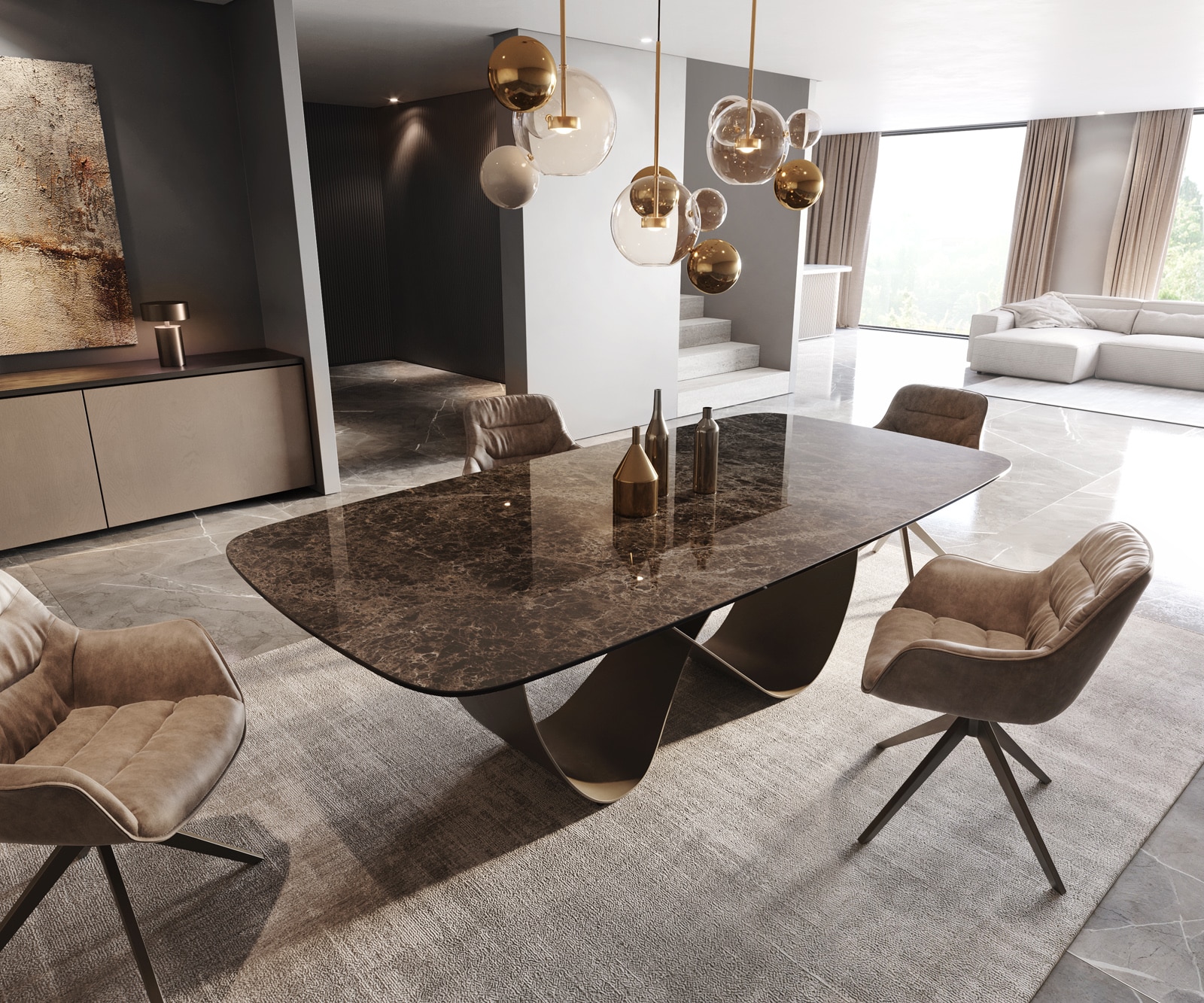 Eetkamertafel Edge Boot 240x120 Laminam® Emperador Extra Lucidato donkerbruin Infinity metaal effectafwerking titaan 1