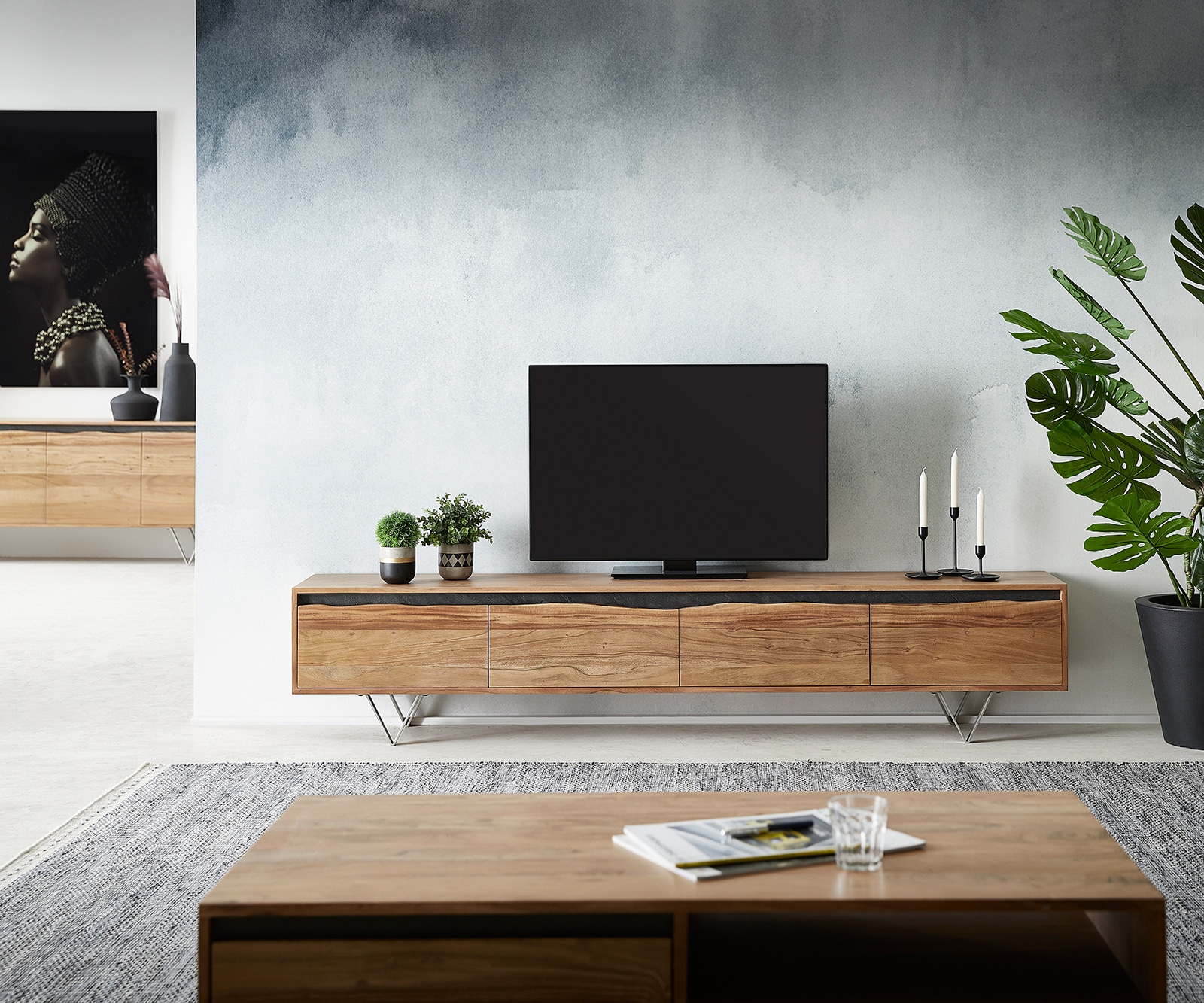 Tv-meubel Stonegrace  220x35 cm acacia natuur 4 deuren 1 Tv-meubel Stonegrace  220x35 cm acacia natuur 4 deuren 1