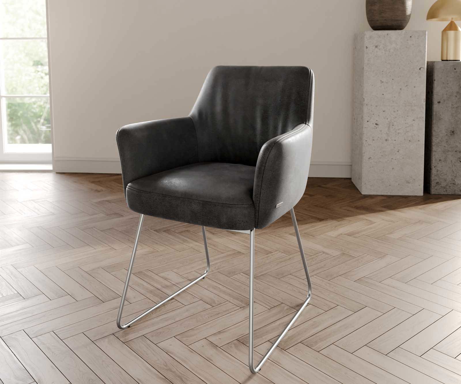 Eetkamerstoel Xana-Flex met armleuning microvelours antraciet vintage slipframe roestvrij staal pocketveer kern Eetkamerstoel Xana-Flex met armleuning microvelours antraciet vintage slipframe roestvrij staal pocketveer kern