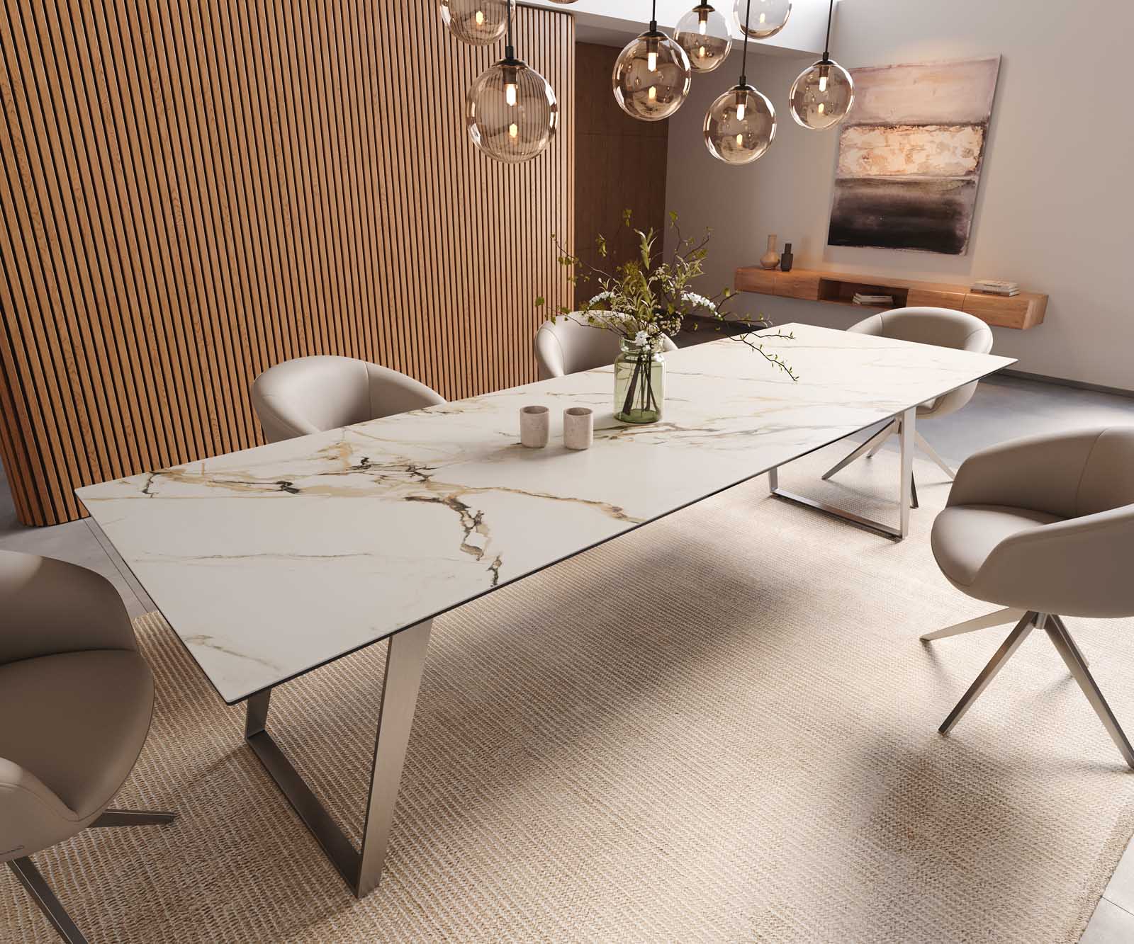 Eetkamertafel Edge 300x100 keramiek Calacatta Luxe wit-goud-grijs RVS schuin Eetkamertafel Edge 300x100 keramiek Calacatta Luxe wit-goud-grijs RVS schuin