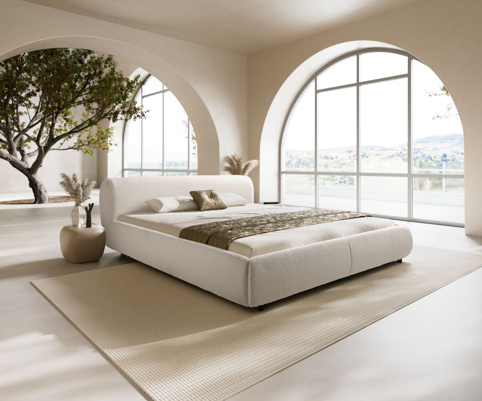 Gestoffeerd-bed Shona 180x200 cm Bouclé crème-wit
