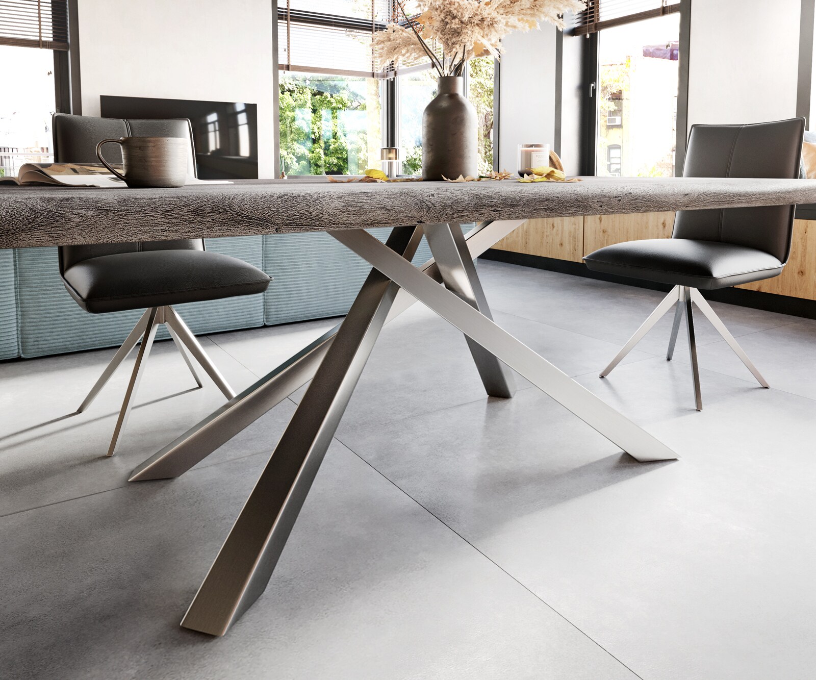 Eettafel Edge 200x100 XL acacia platina Kreuzframe rechthoek edelstaal Live-Edge 4